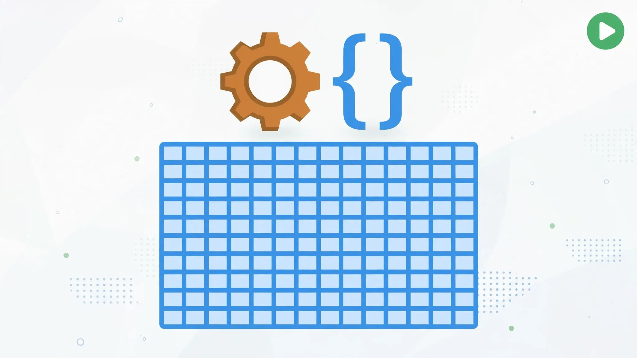 Illustration of a blue spreadsheet with a gear icon and code brackets floating above it, symbolizing Excel macros