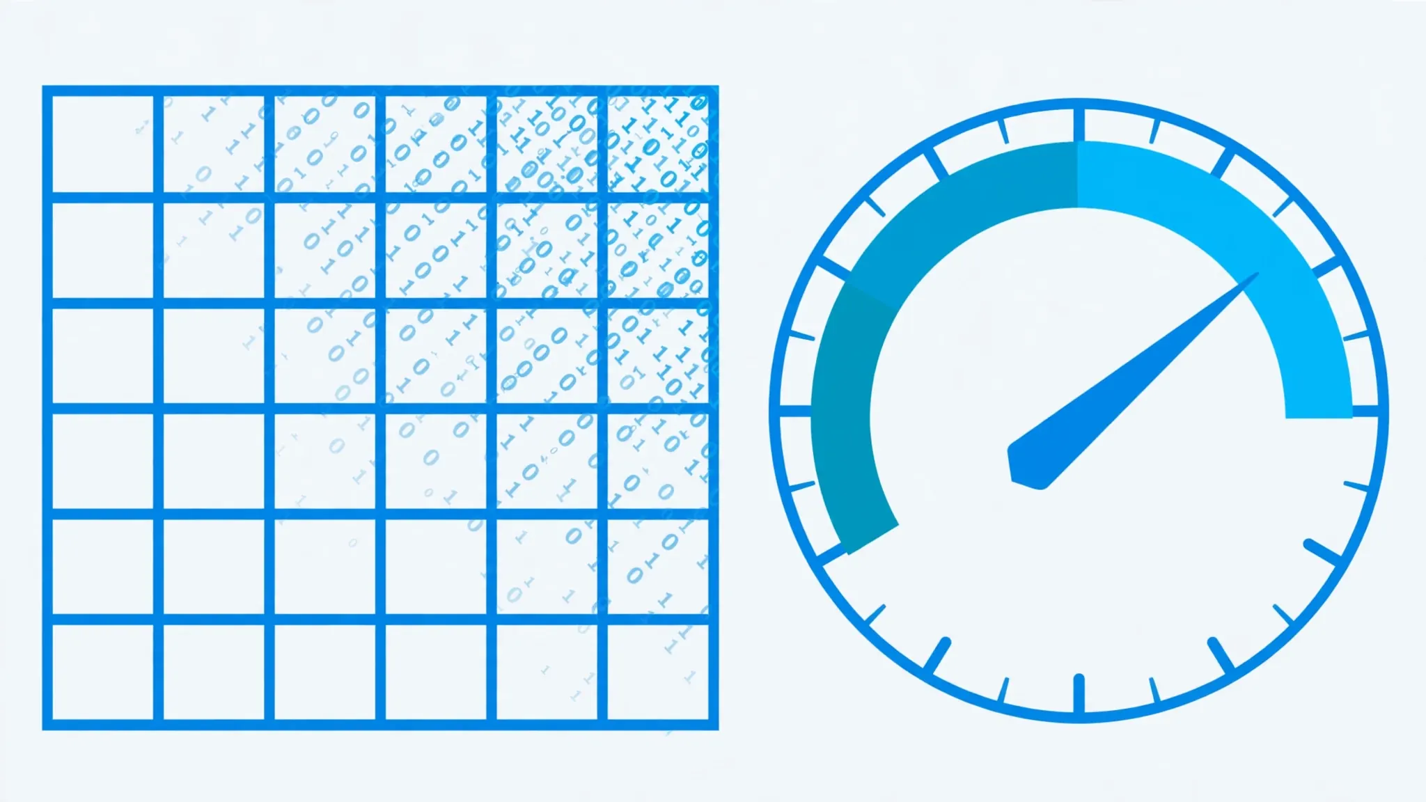 Illustration of a spreadsheet overlaid with binary zeros and ones beside a speedometer gauge pointing to fast