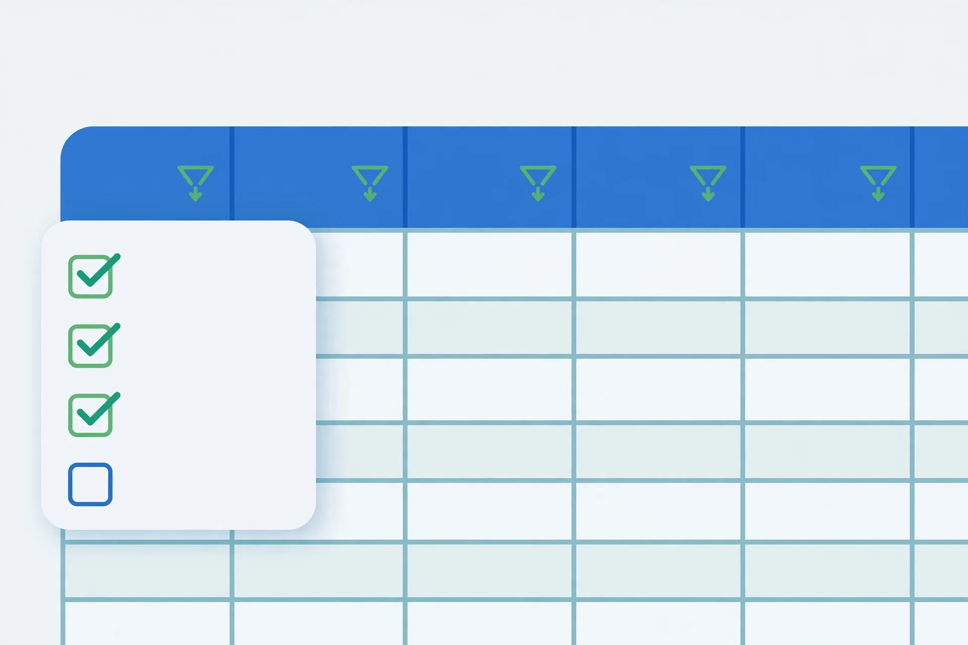 Illustration of a spreadsheet header row with funnel-shaped filter dropdown icons on each column and an open filter menu with checkmarks