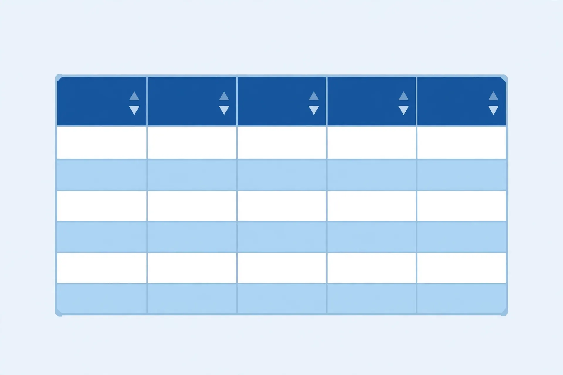 Illustration of an Excel data table with blue and white banded rows and a dark blue header row with sort arrows