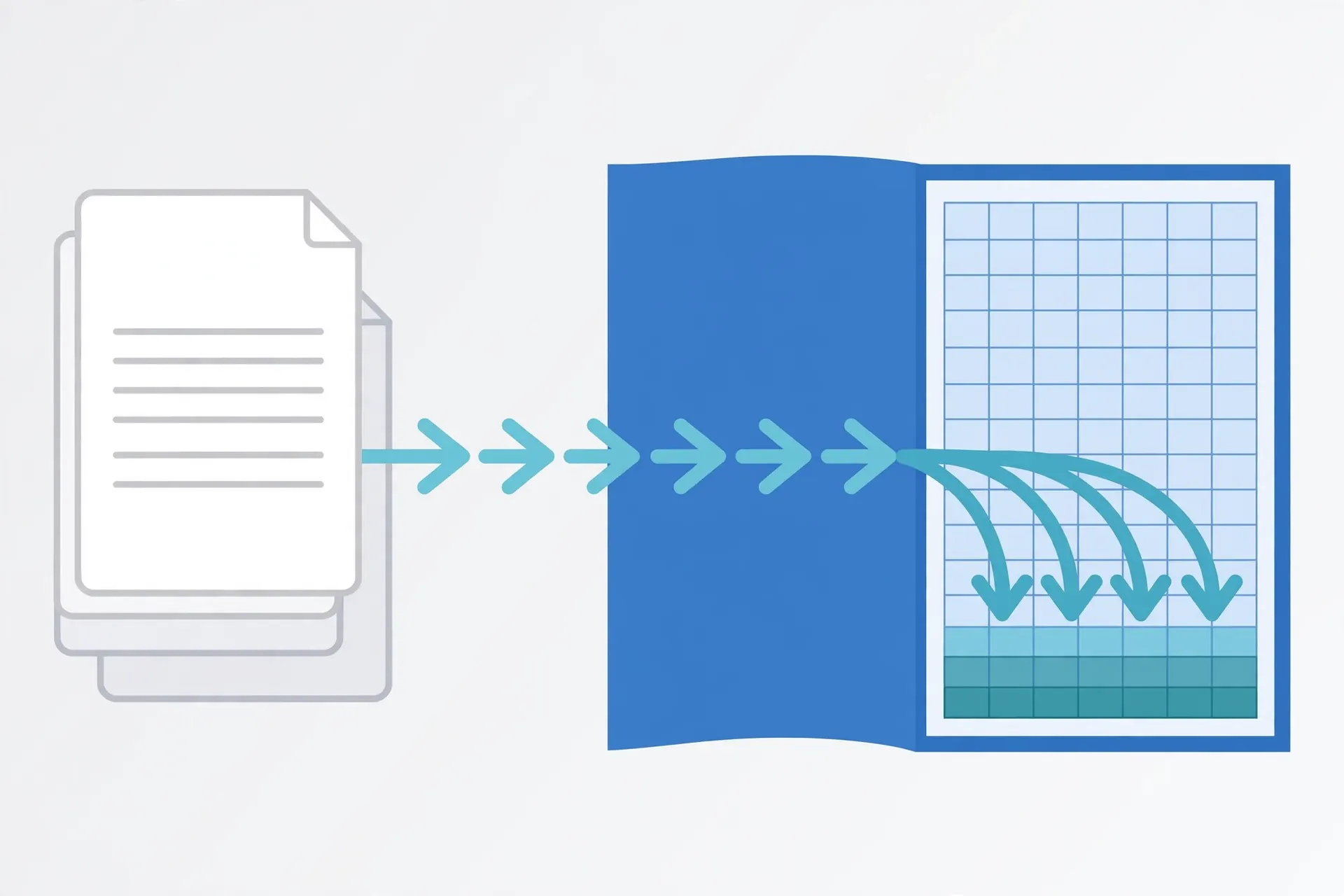 Illustration of stacked CSV documents with data rows flowing as arrows into a single open Excel workbook
