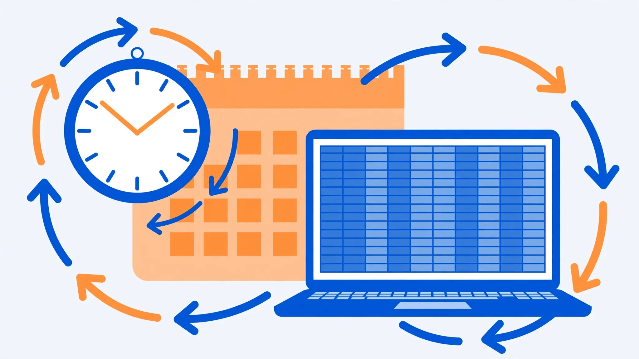 Illustration of a wall clock and calendar behind a laptop showing a spreadsheet, with circular automation arrows