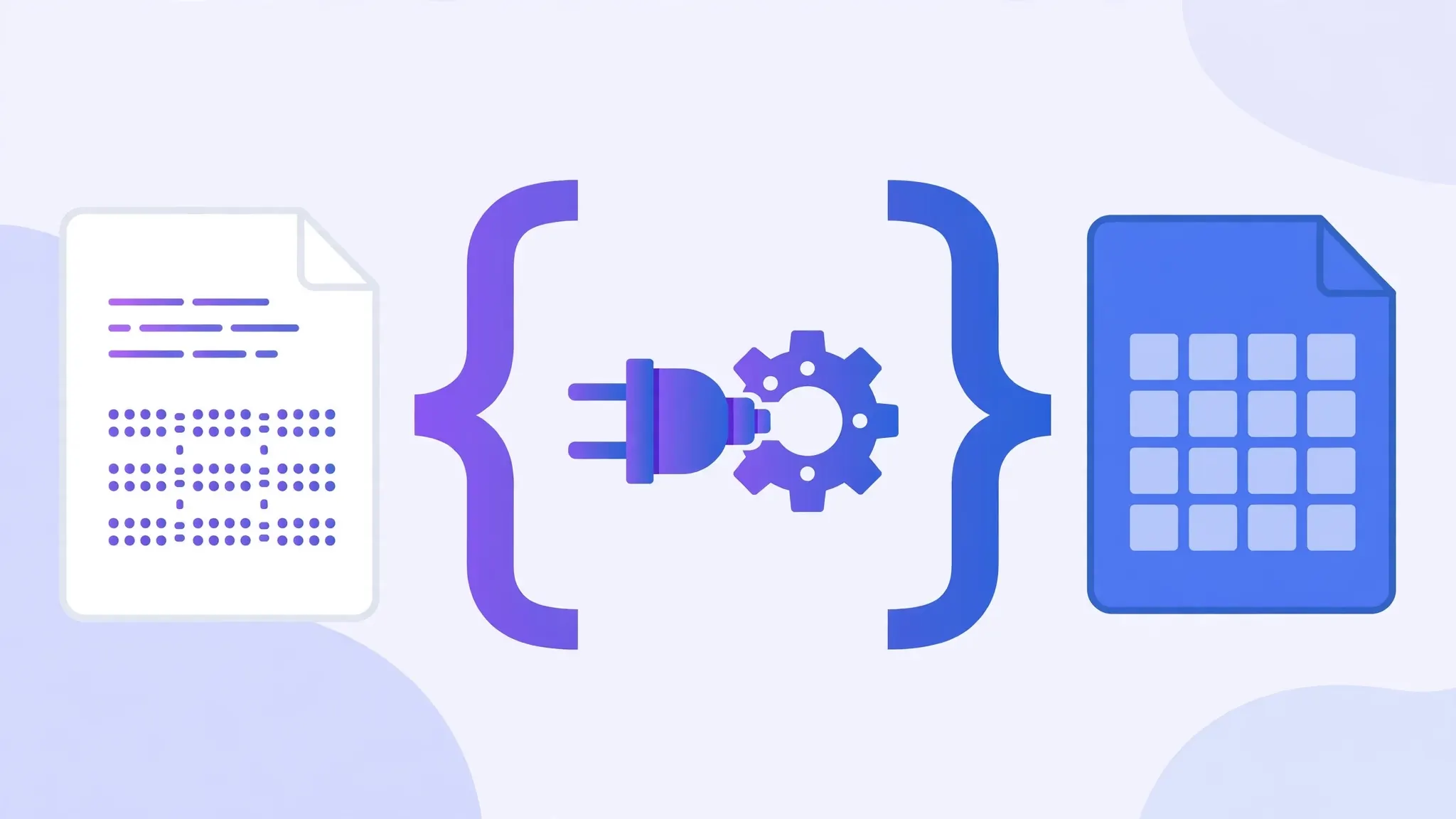 Illustration of large code brackets connecting a CSV document icon to an Excel spreadsheet icon with a plug-and-gear connector