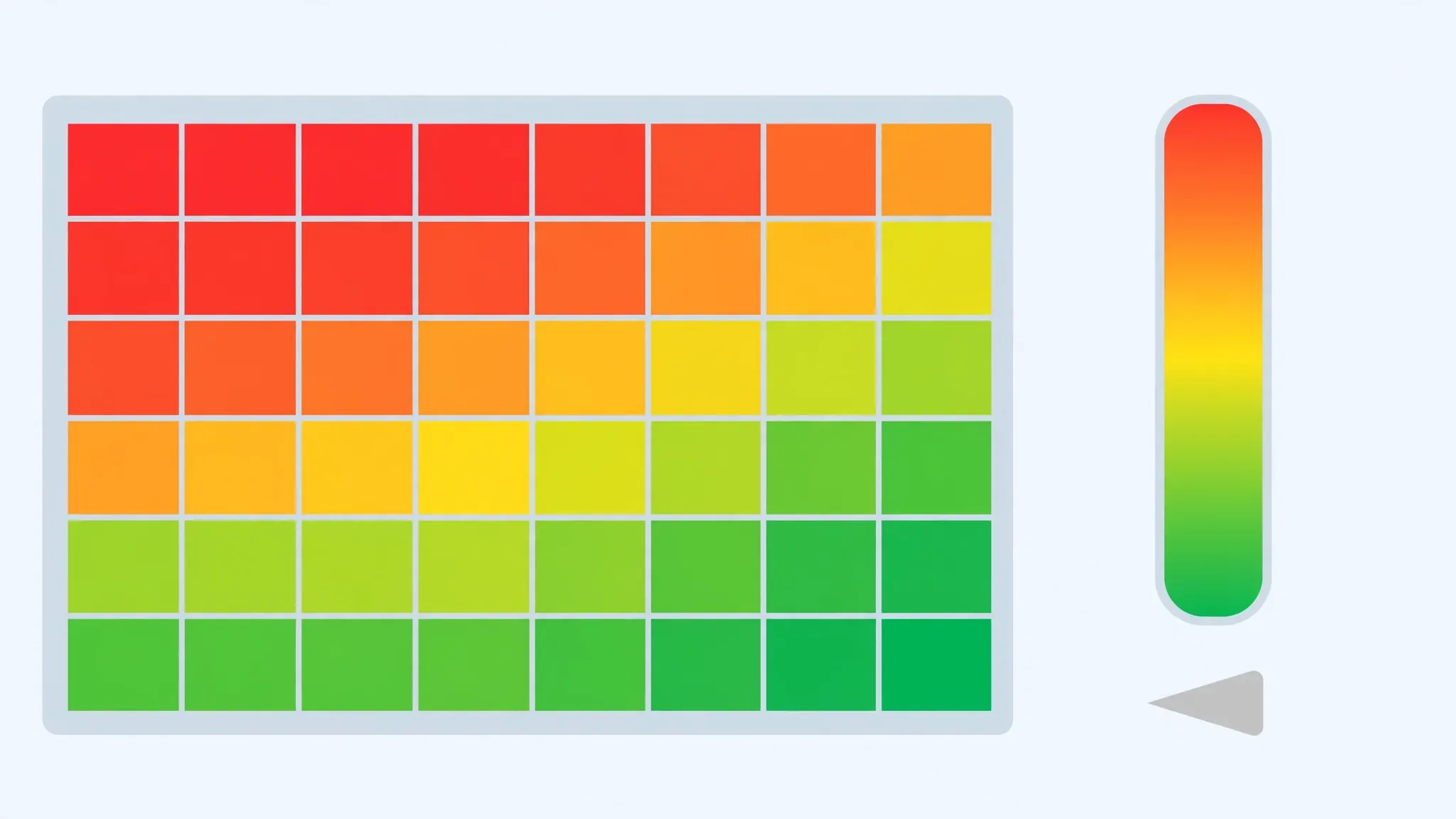 Illustration of spreadsheet cells shaded in a red-to-yellow-to-green color scale heatmap with a color legend bar