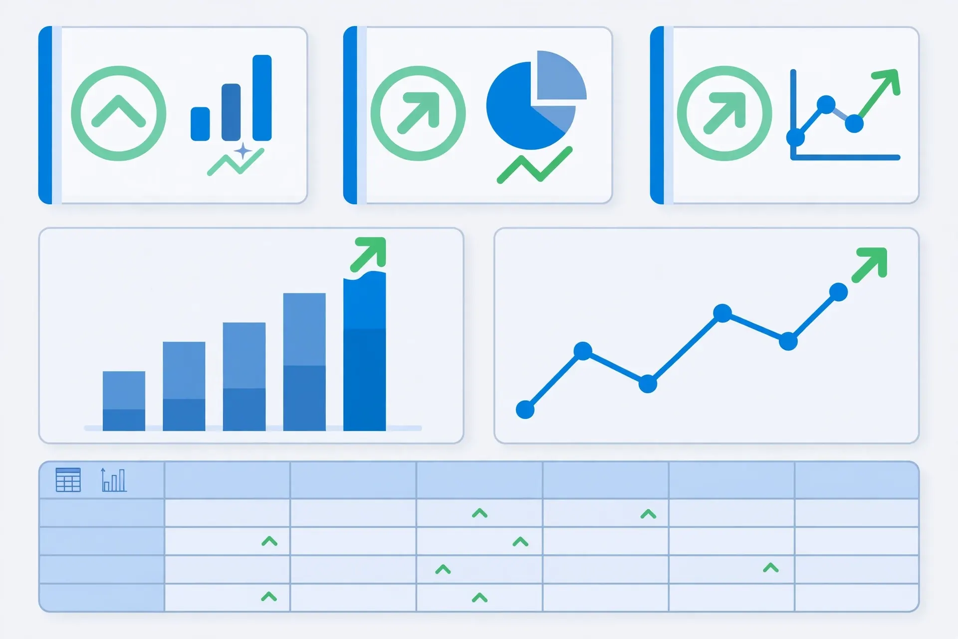 Illustration of a business KPI dashboard with bar charts, line chart and metric cards built from spreadsheet data