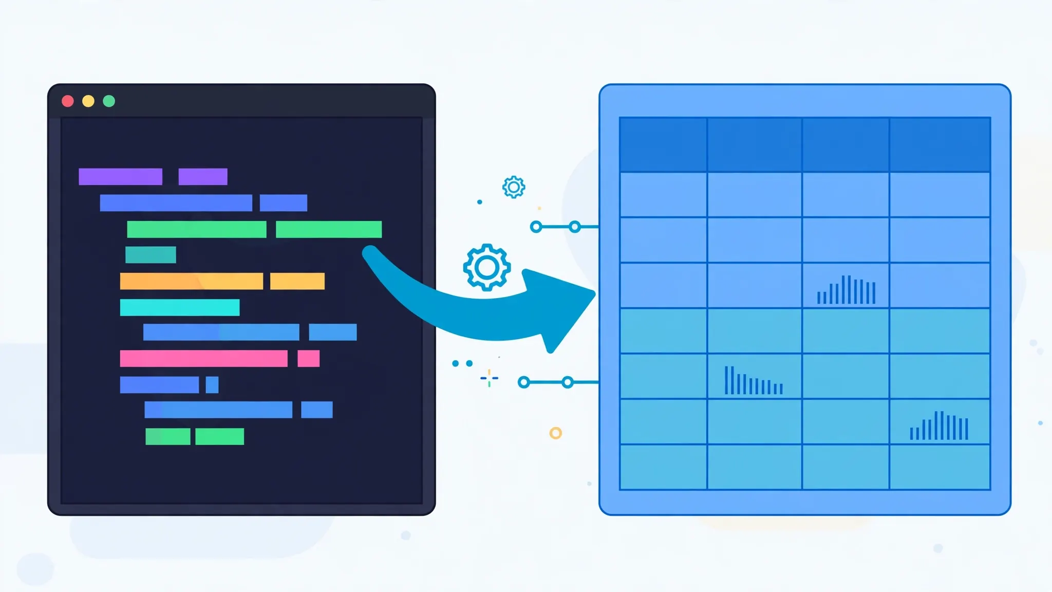 Illustration of a dark Python code editor window with an arrow flowing into a blue Excel spreadsheet