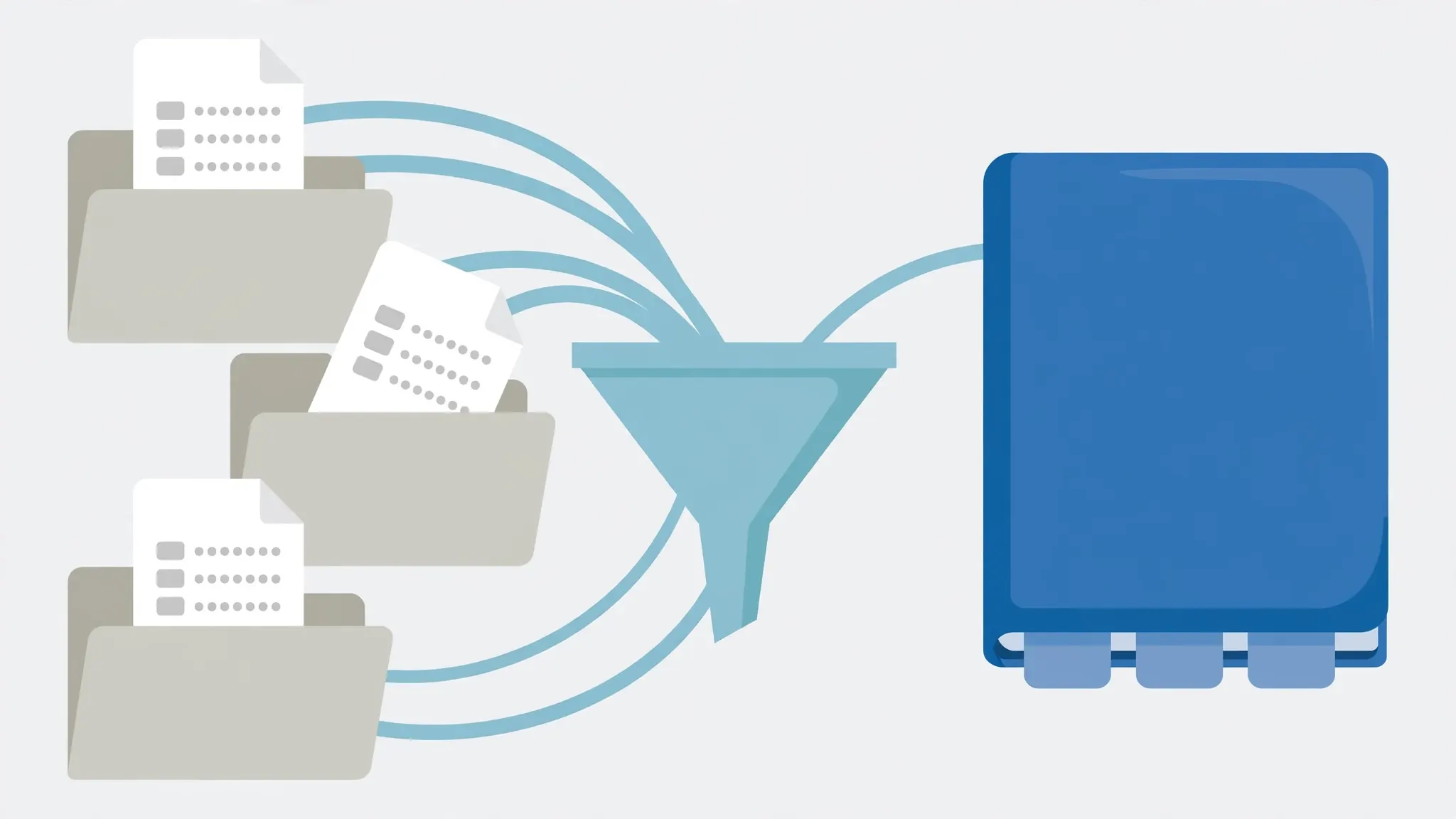 Illustration of several CSV documents merging through a funnel into a single Excel workbook with multiple sheet tabs