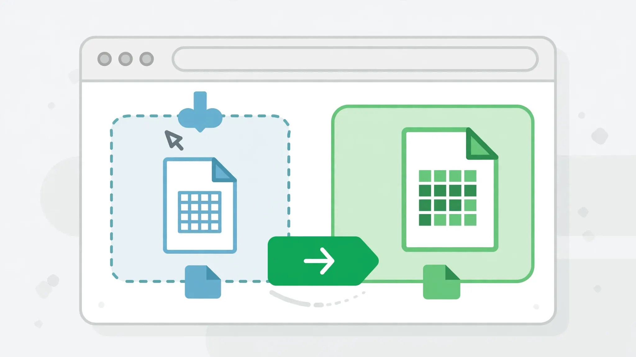 Illustration of a web browser converter page with a CSV file being dropped in and an Excel file coming out