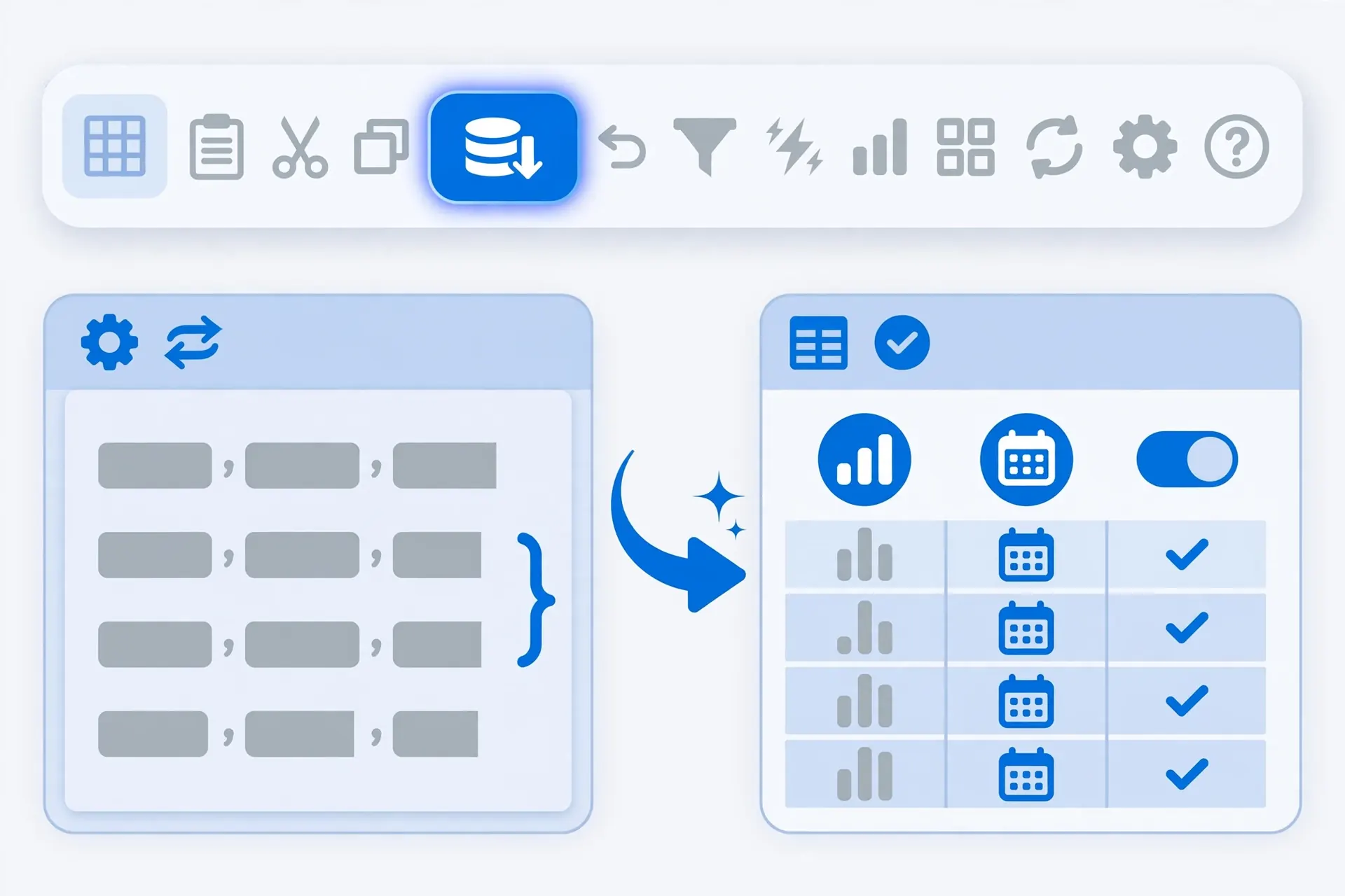 Illustration of a spreadsheet ribbon with a highlighted Get Data button and a query editor panel transforming CSV rows into a clean table