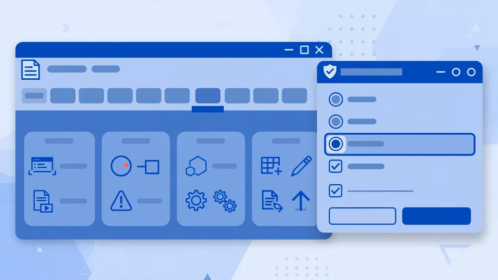 Illustration of the Excel Developer tab ribbon with macro buttons and a macro security settings dialog