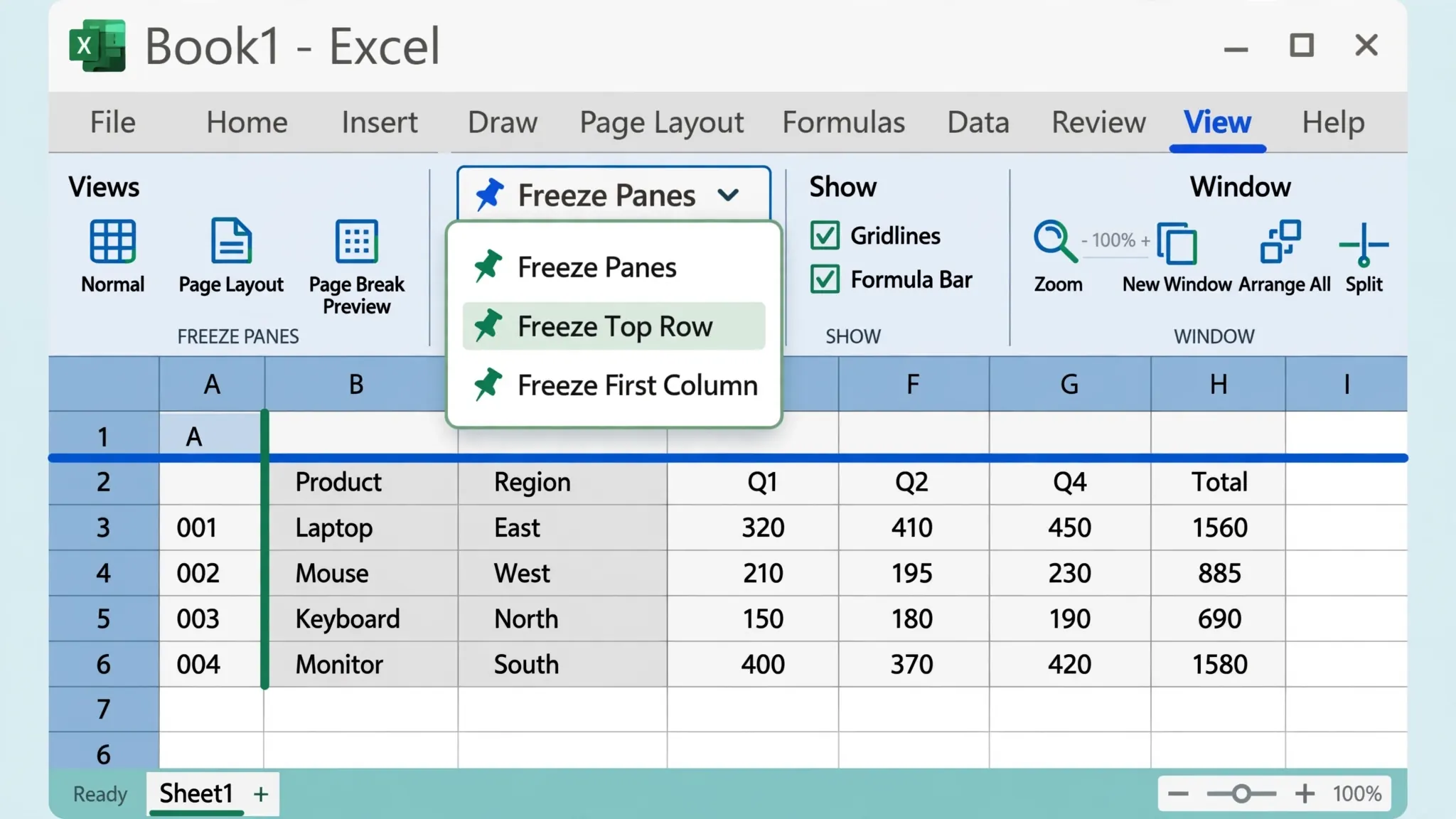 Excel View tab with the Freeze Panes dropdown menu showing freeze options