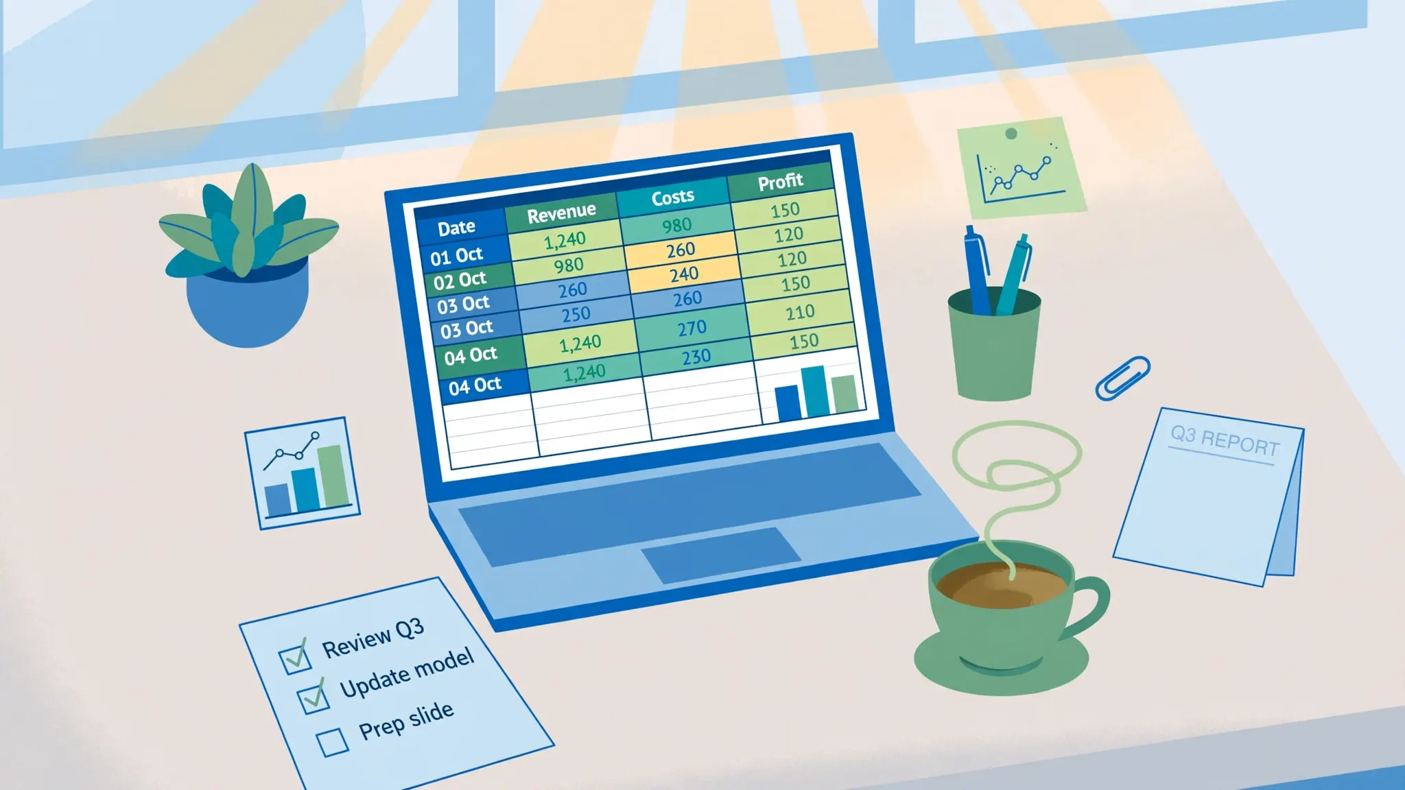 Tidy desk workspace with a laptop showing IF logic formulas in Excel