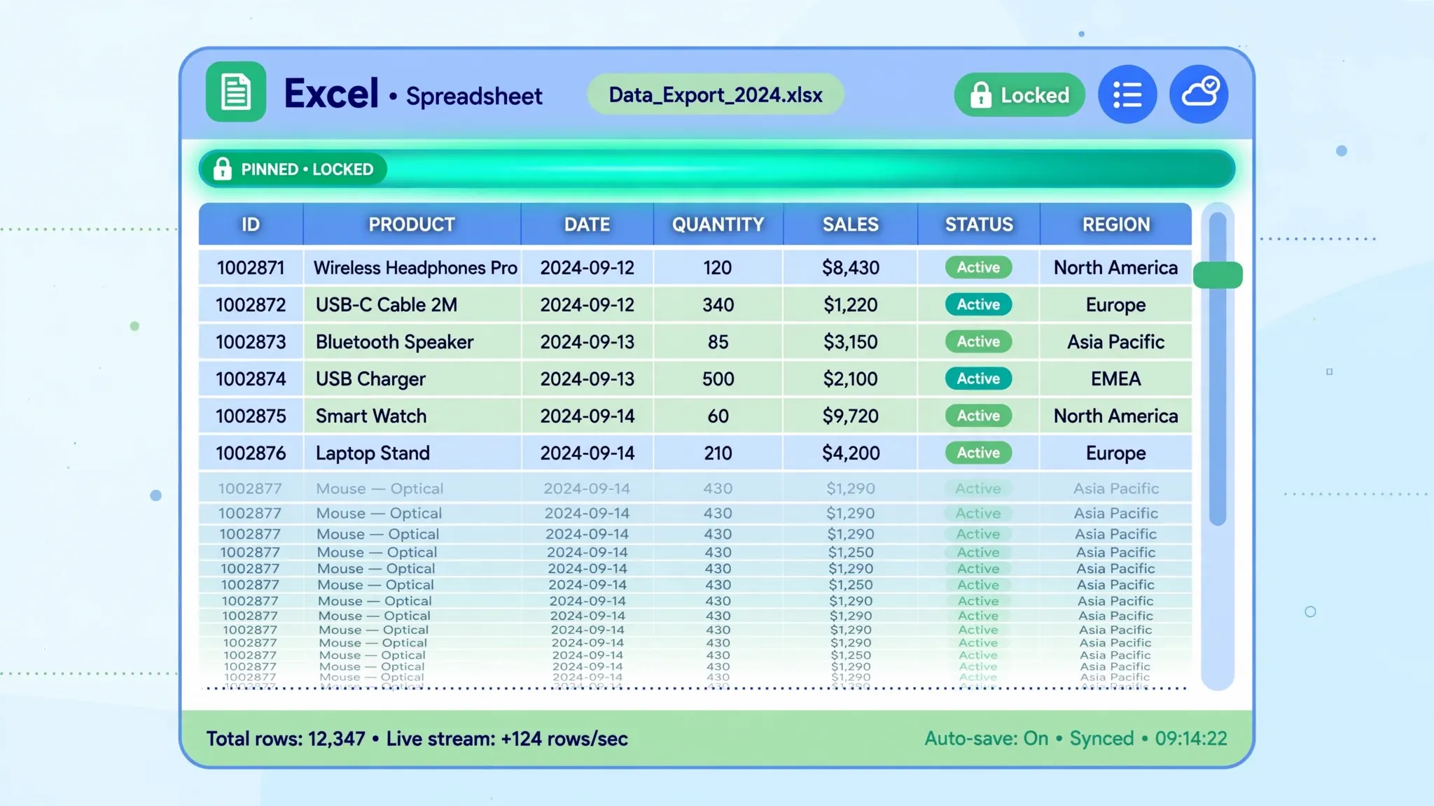 Very tall Excel spreadsheet with thousands of rows and the header row locked while scrolling