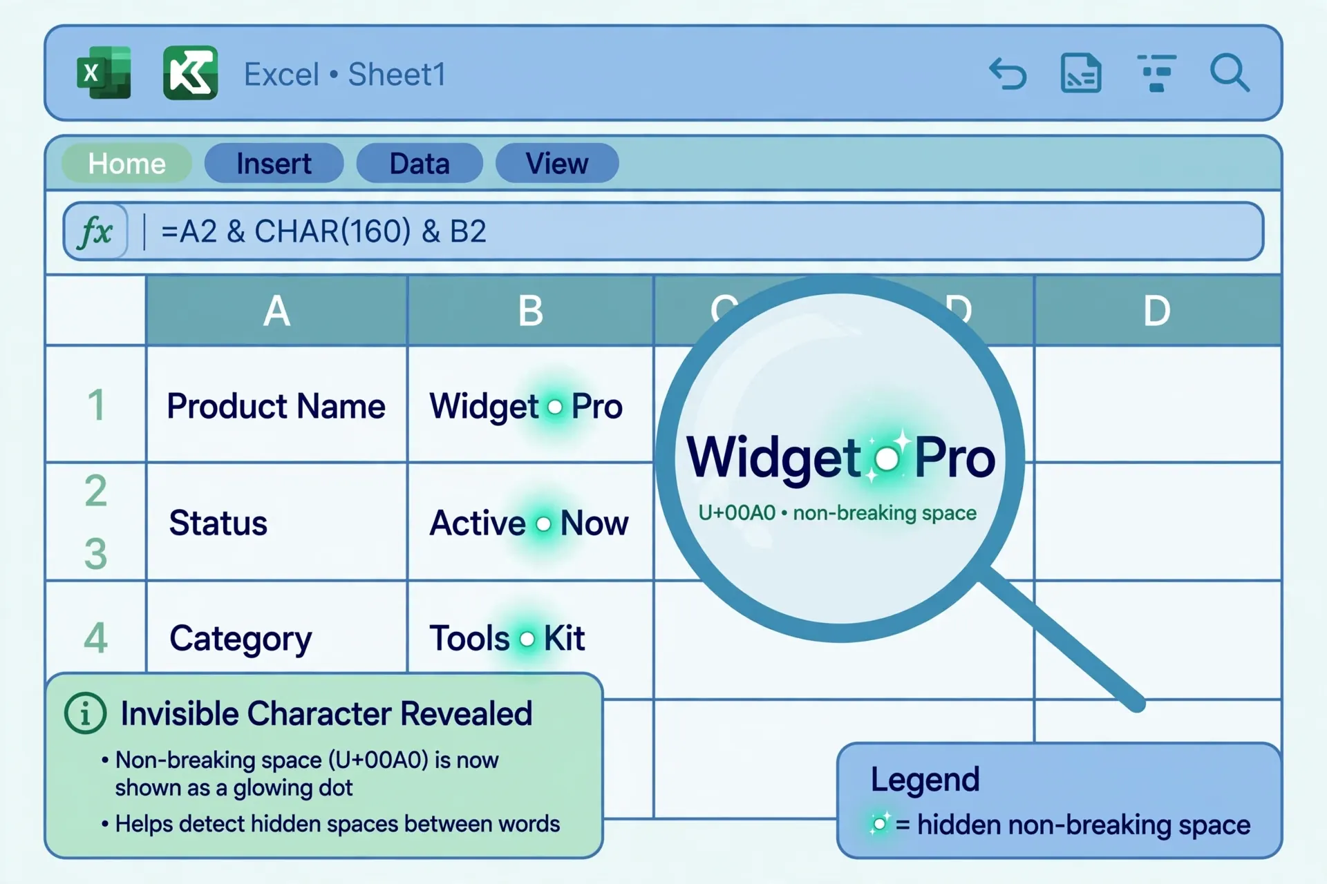 Excel cells with invisible non-breaking space characters revealed as glowing dots under a magnifier