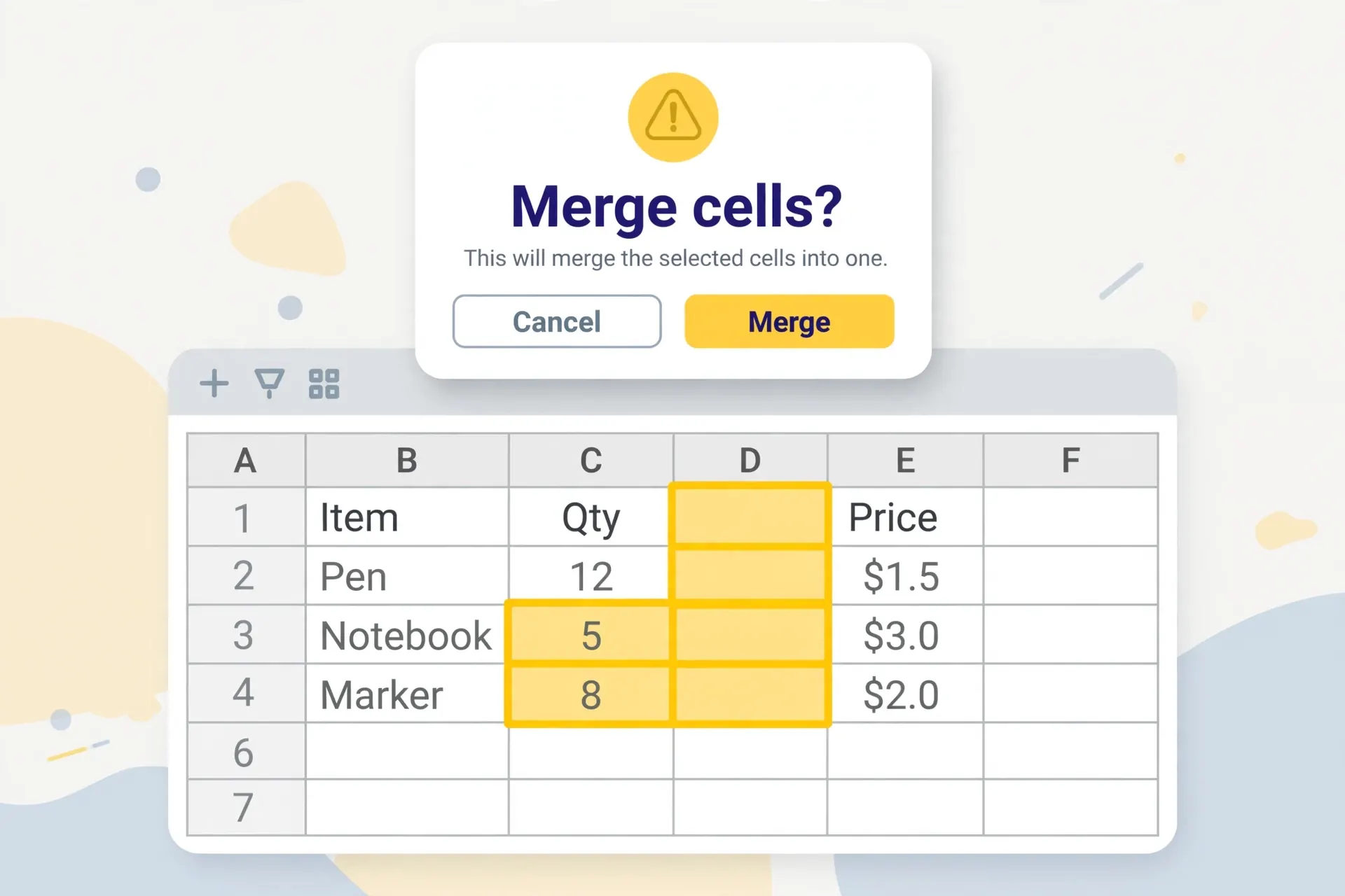 Spreadsheet with selected cells and a warning dialog about data loss when merging in Excel