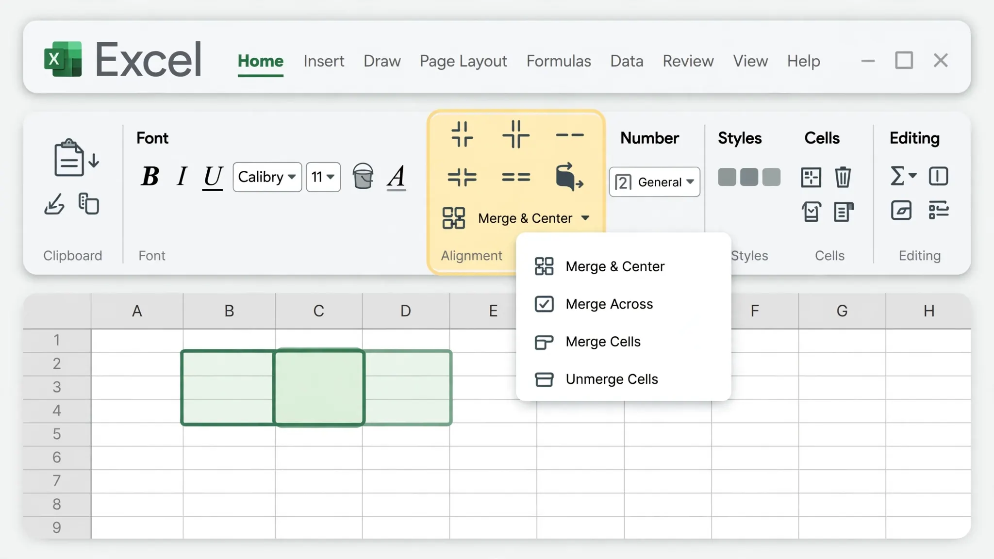 Excel Home tab ribbon with the Alignment group and Merge & Center dropdown options highlighted