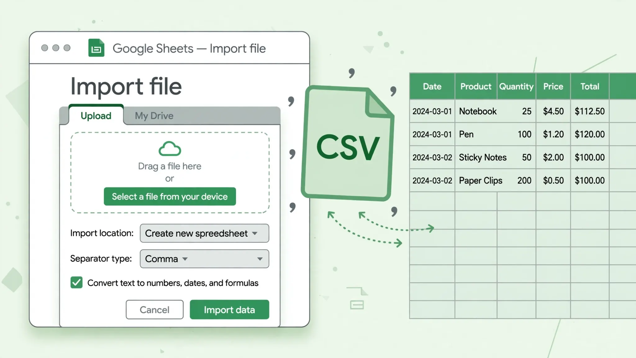 Illustration of a CSV import into Google Sheets where separate first-name and last-name columns will be combined into full names