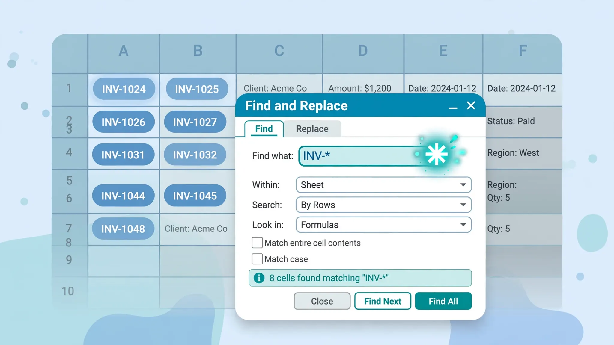 Illustration of the Excel Find and Replace dialog with an asterisk wildcard pattern highlighting matching cells