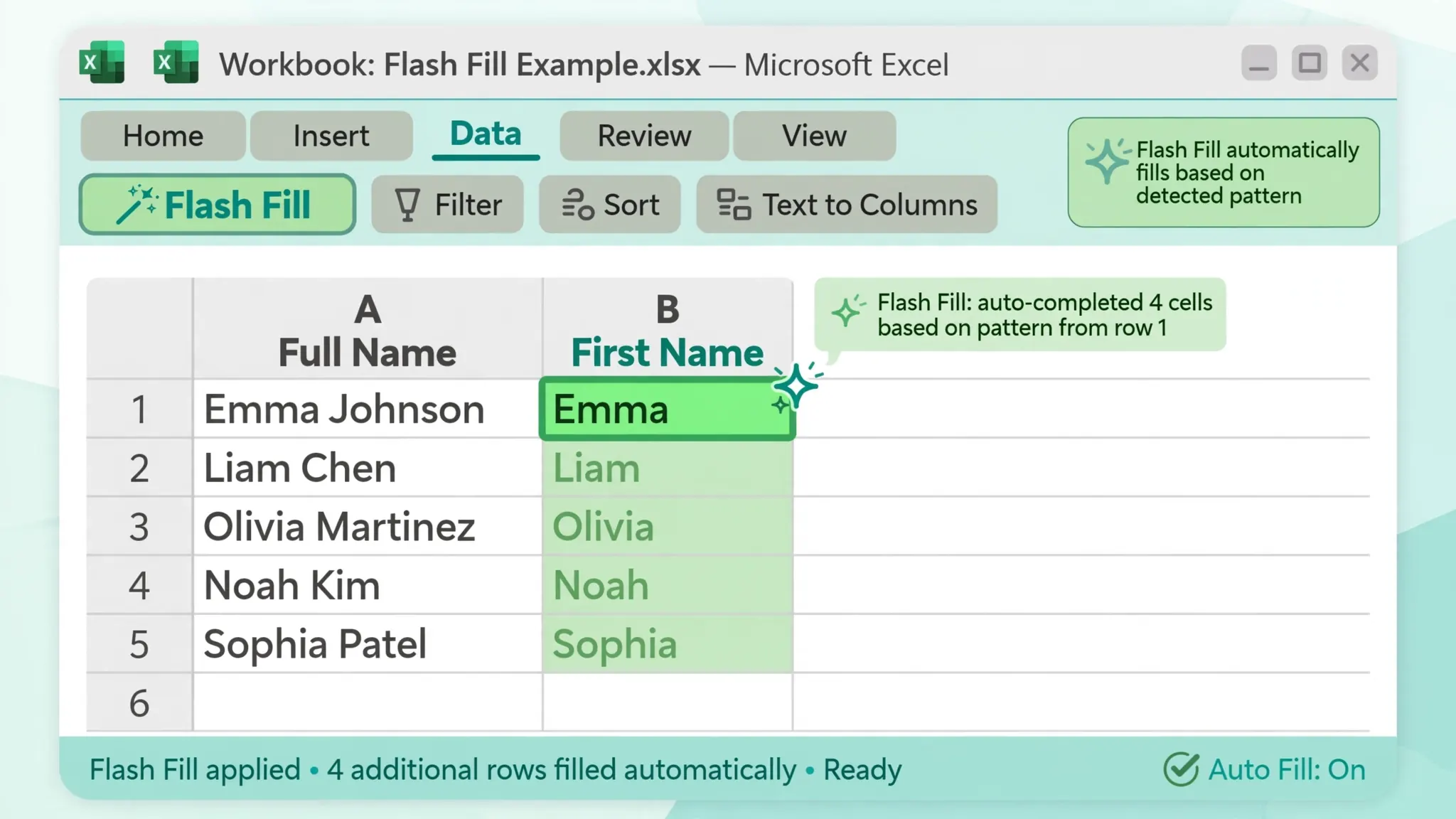 Illustration of Flash Fill splitting full names into first-name and last-name columns with a sparkle indicator
