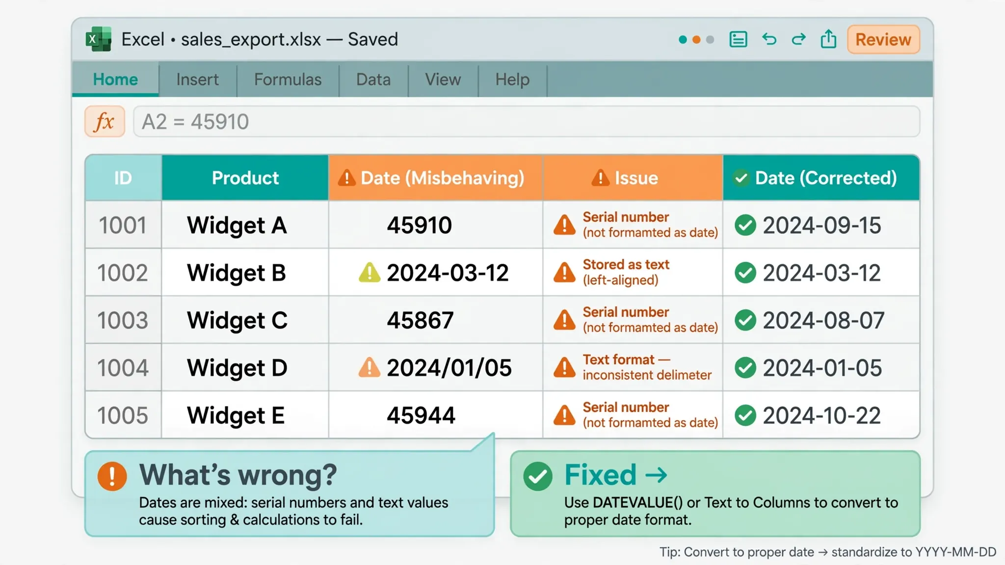 Illustration of a spreadsheet with date formatting issues beside a clean corrected date column