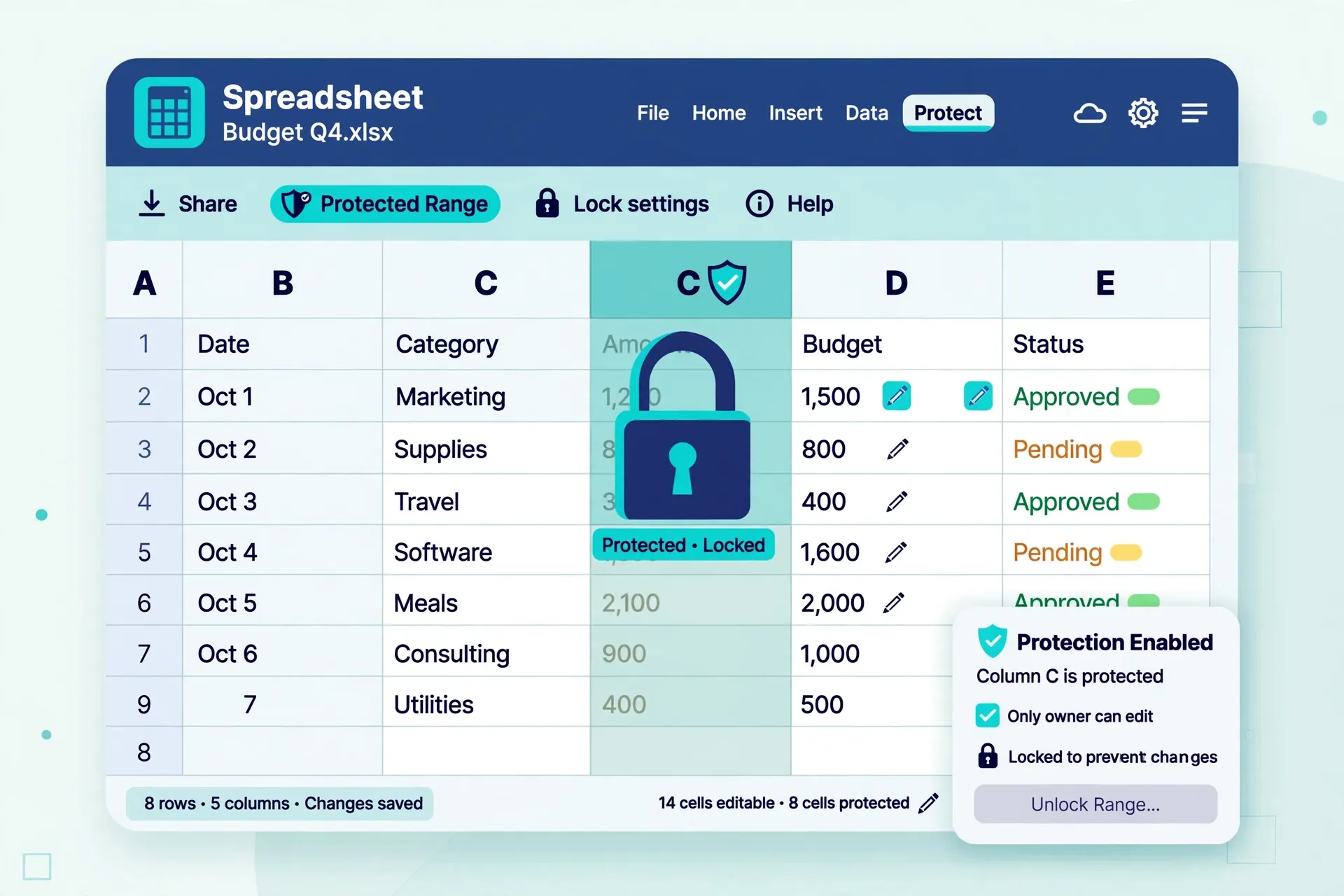Illustration of a spreadsheet with a padlock over a highlighted protected column while other cells remain editable