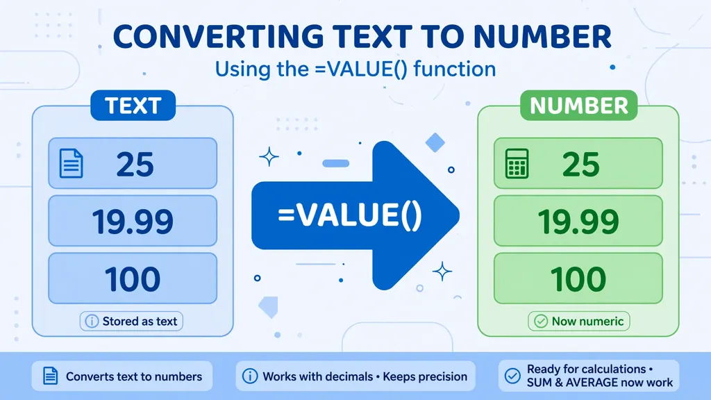 VALUE function diagram showing text values converting into proper numbers, the same coercion idea behind phone digit cleanup