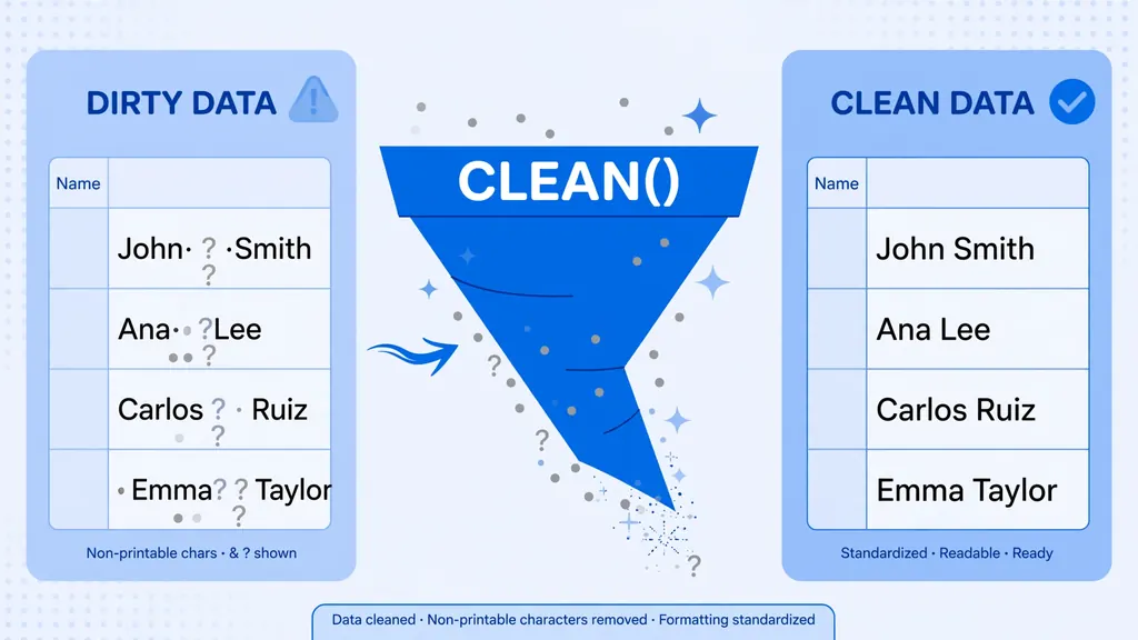 Spreadsheet column with hidden non-printable characters shown as grey dots being cleaned through a funnel labeled CLEAN into a pristine column