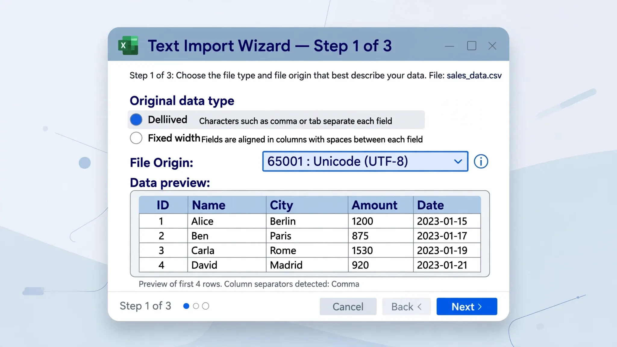 Flat vector illustration of Excel's Text Import Wizard where the text qualifier works together with File Origin settings