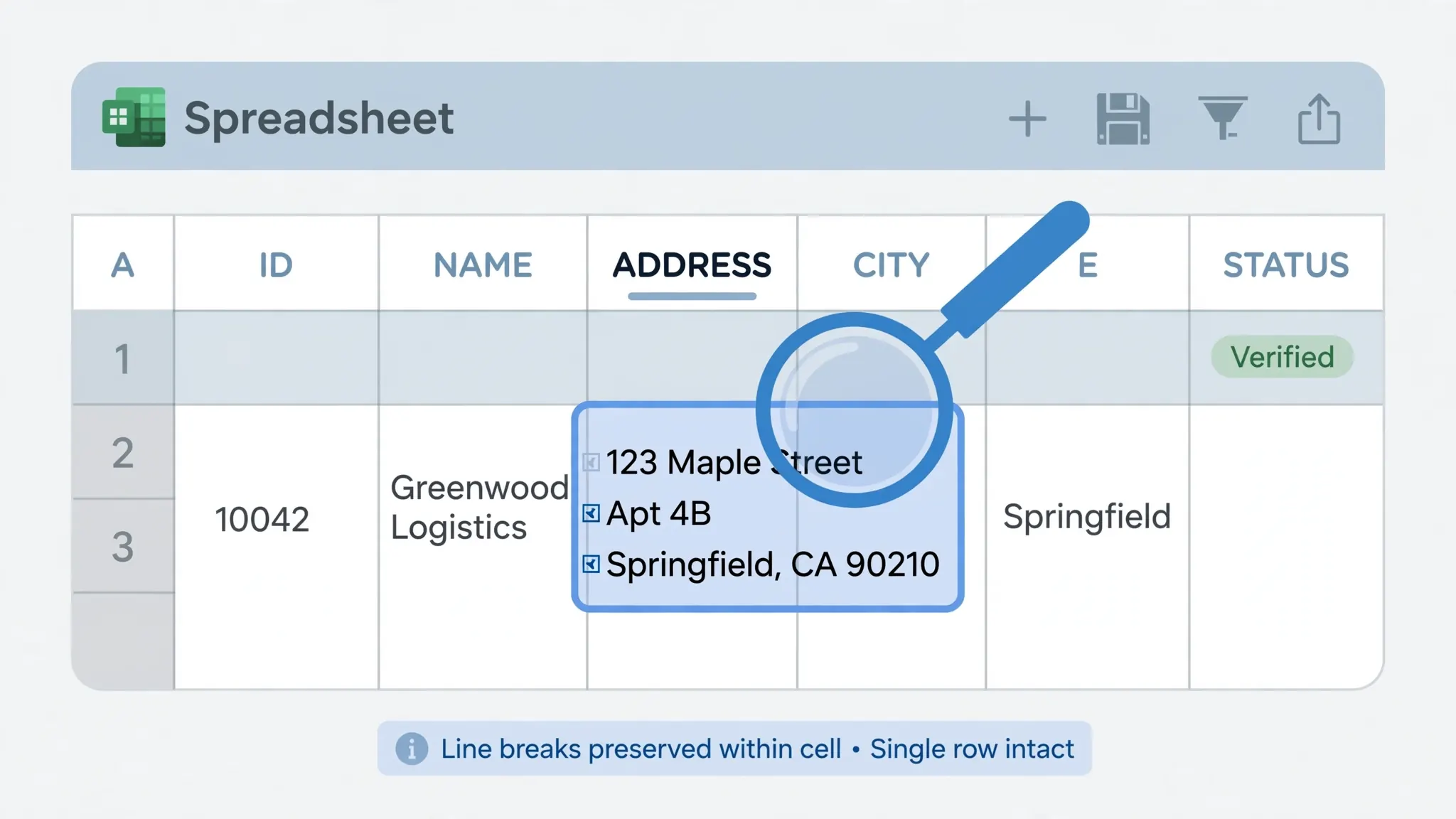 Flat vector illustration of an Excel spreadsheet with a highlighted multiline address cell kept intact as one row