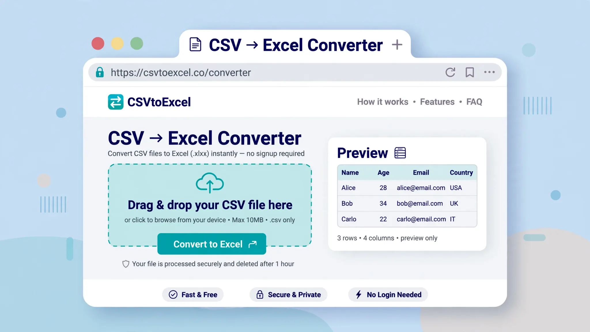 Flat vector illustration of a web browser showing the free online CSV to Excel converter tool page