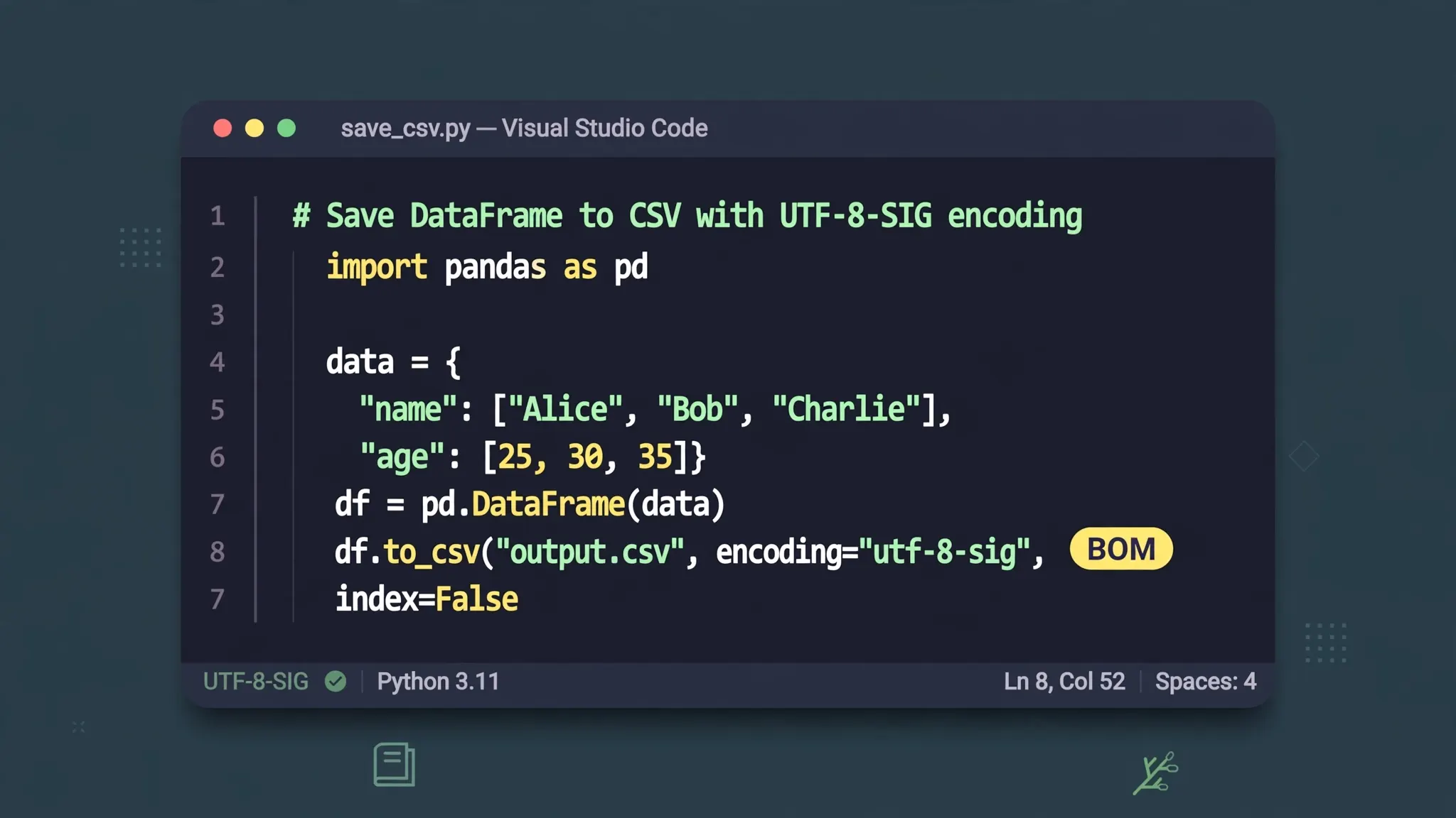 Flat vector illustration of a code editor showing Python code reading an Arabic CSV with utf-8-sig and cp1256 encodings