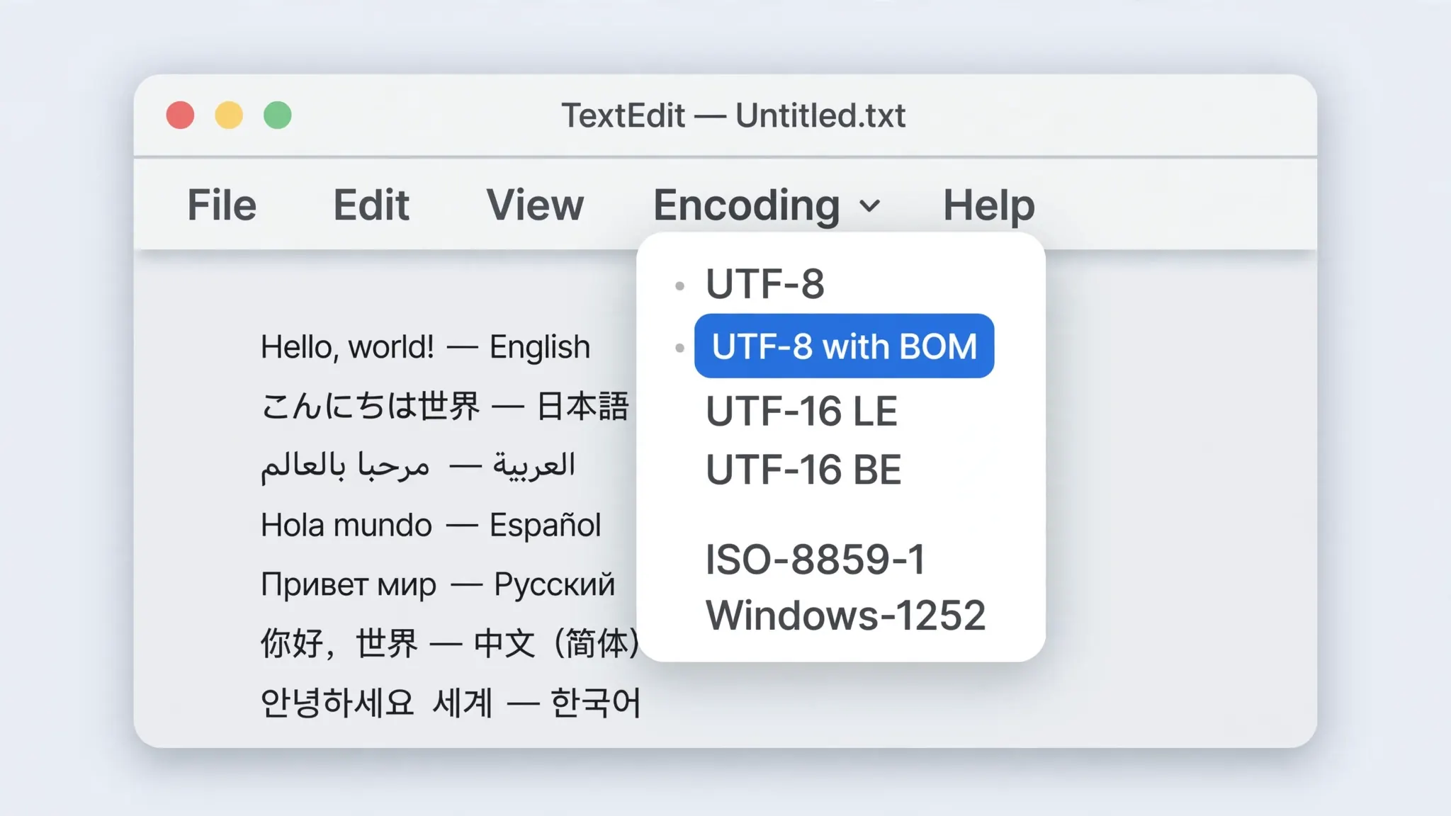 Flat vector illustration of a text editor Encoding menu with Convert to UTF-8-BOM highlighted for Arabic CSV preparation