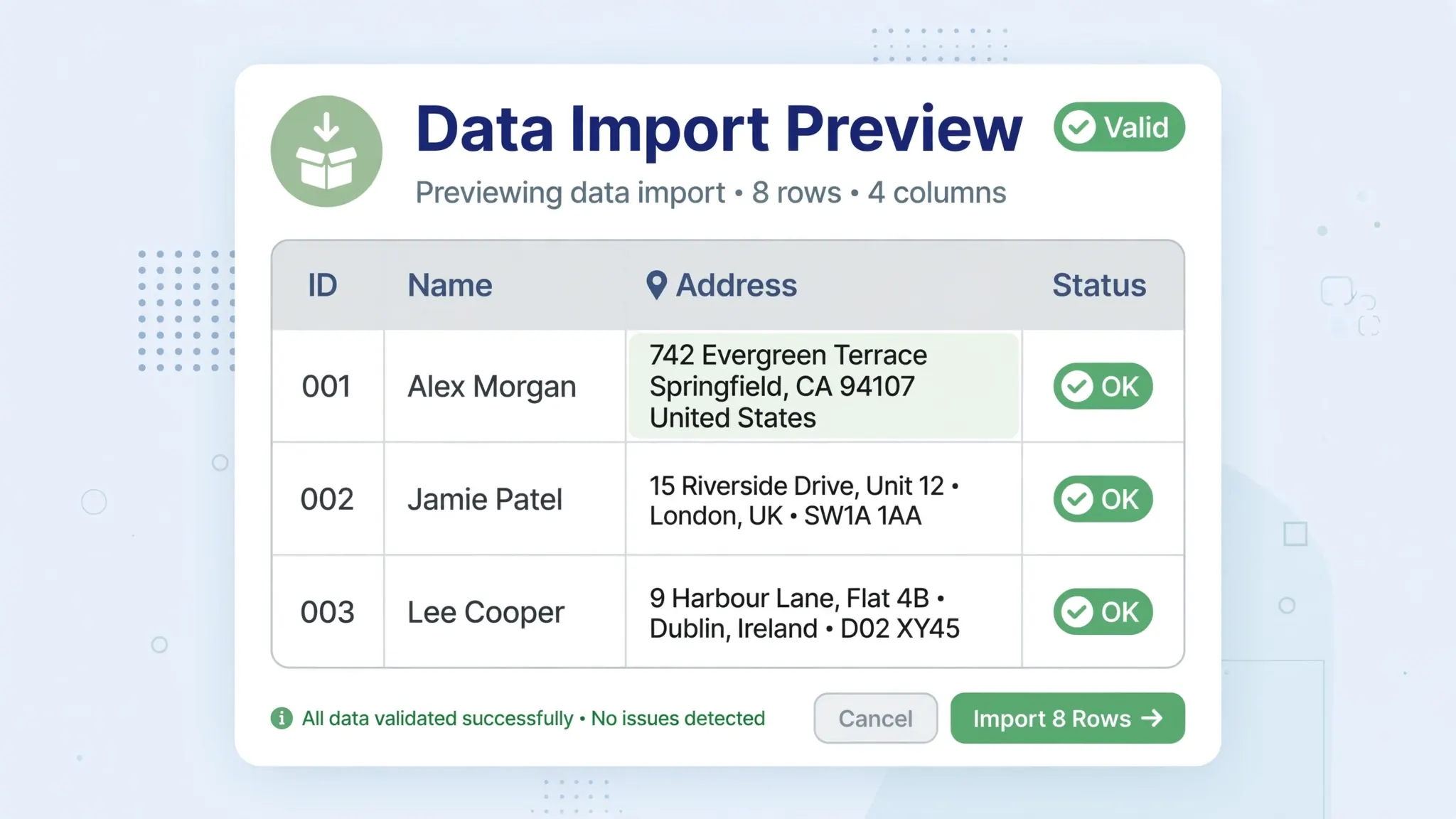 Flat vector illustration of a data import preview keeping a multiline address inside a single cell with a checkmark