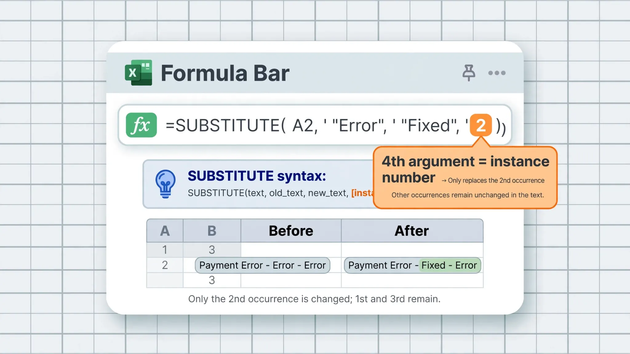 Flat vector illustration of an Excel formula bar with the SUBSTITUTE fourth argument instance number highlighted and a callout explaining it targets one occurrence