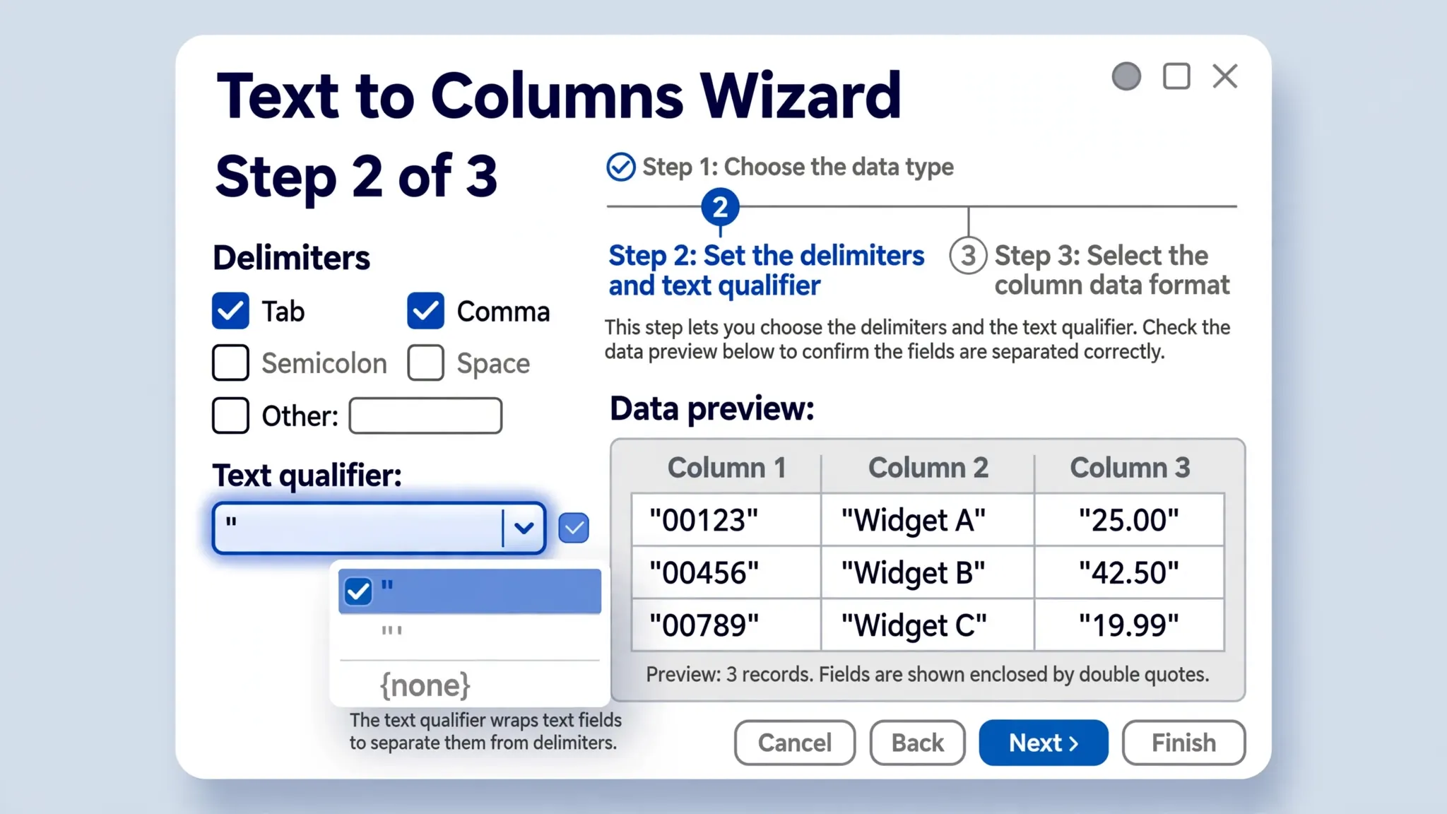 Flat vector illustration of Excel's Text to Columns dialog with the Text qualifier dropdown set to the double-quote character