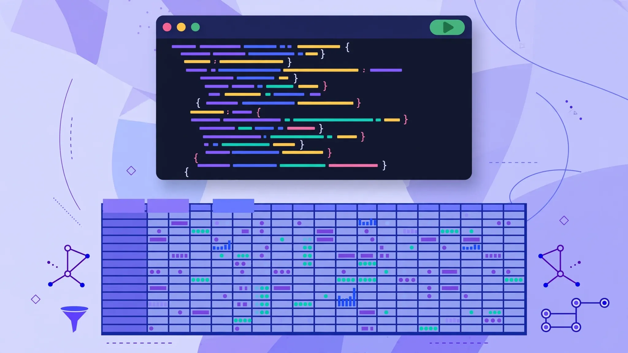 Dark code editor window with colorful macro code and a green play button floating above a spreadsheet grid