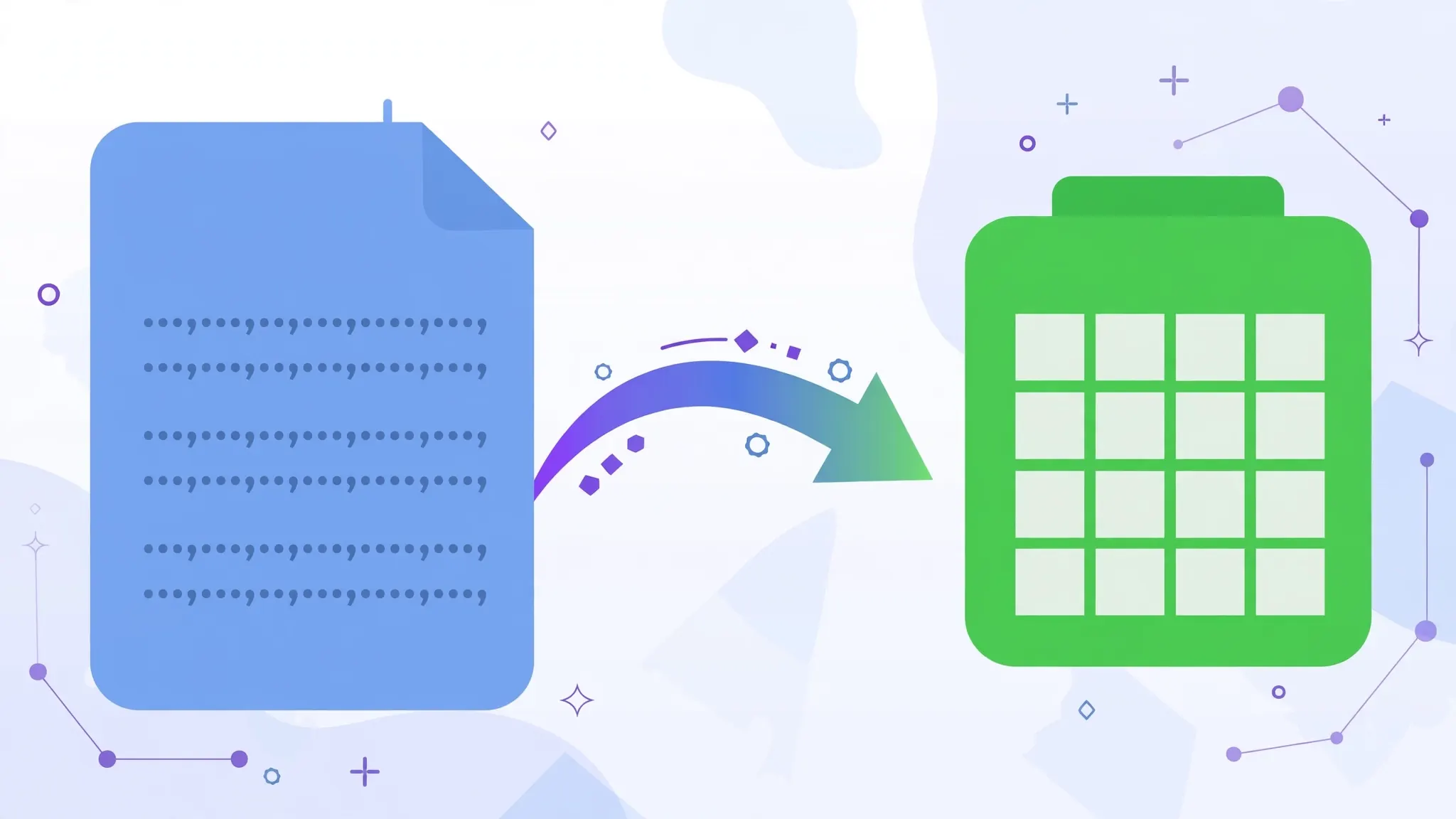 Plain text file icon with structured rows transforming through a curved arrow into a green spreadsheet icon