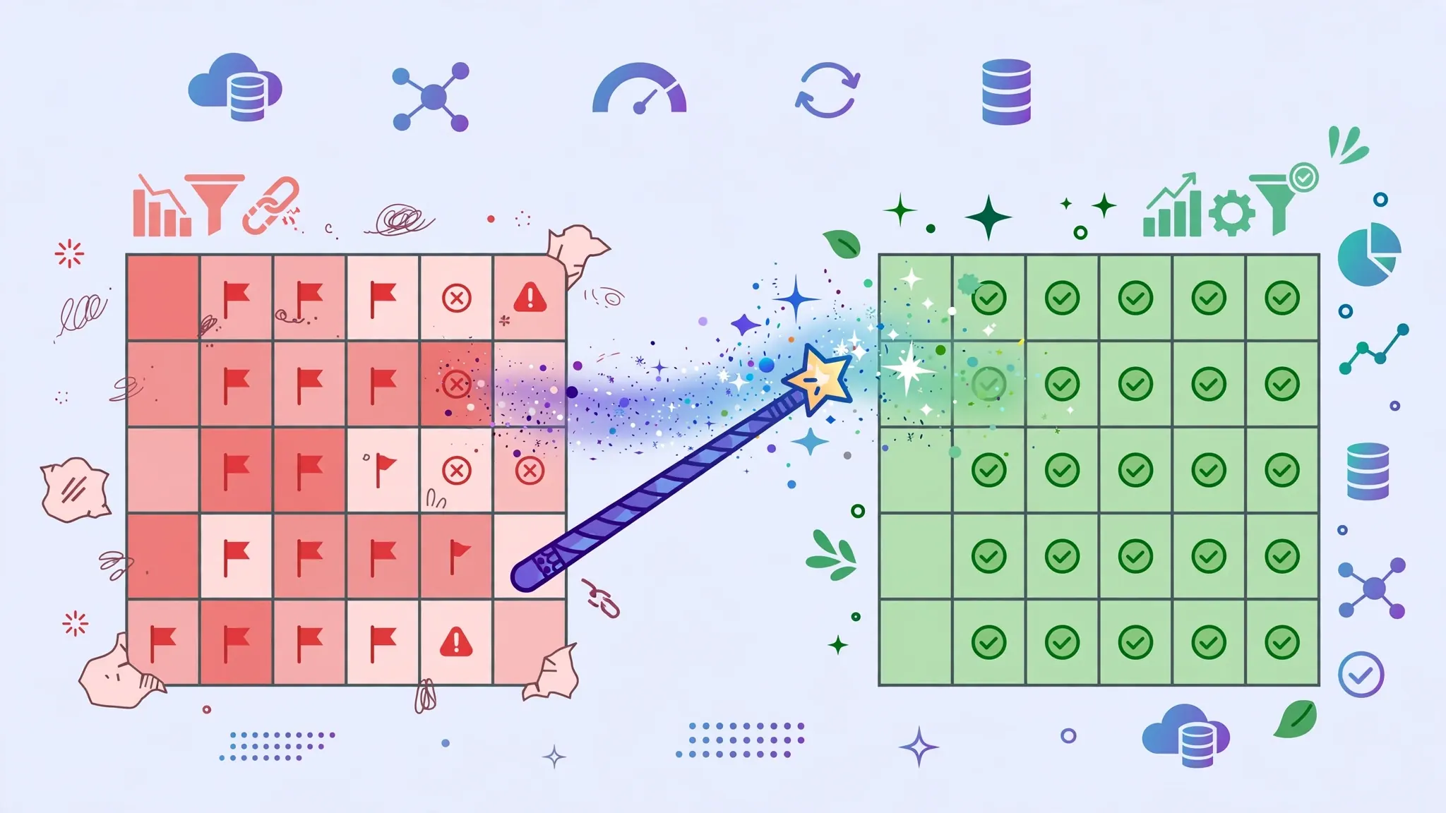 Magic wand with sparkles cleaning a spreadsheet, turning messy red-flagged cells into clean green cells