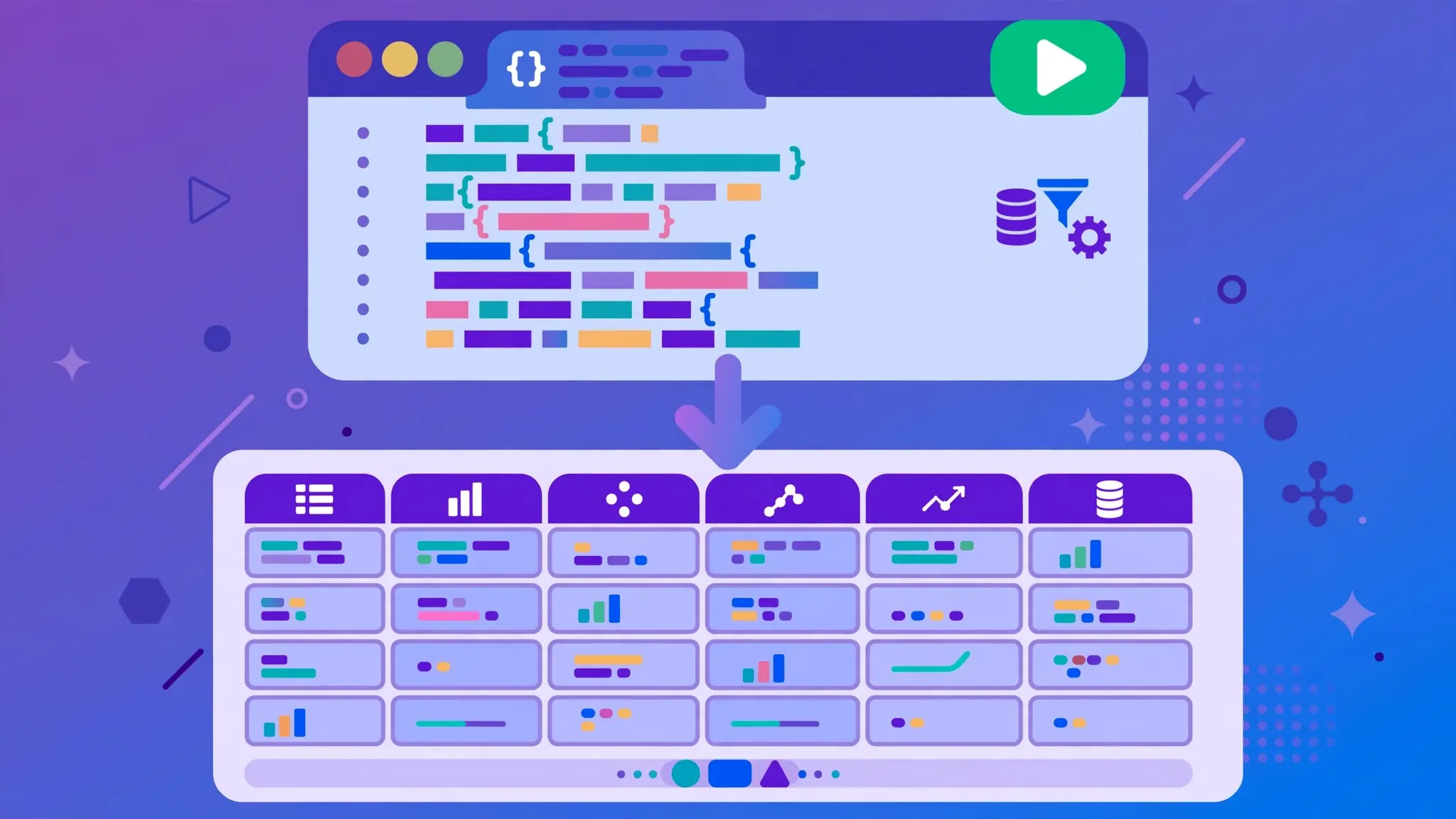 Code editor window with colorful data-processing code and a green play button, outputting a clean spreadsheet table below