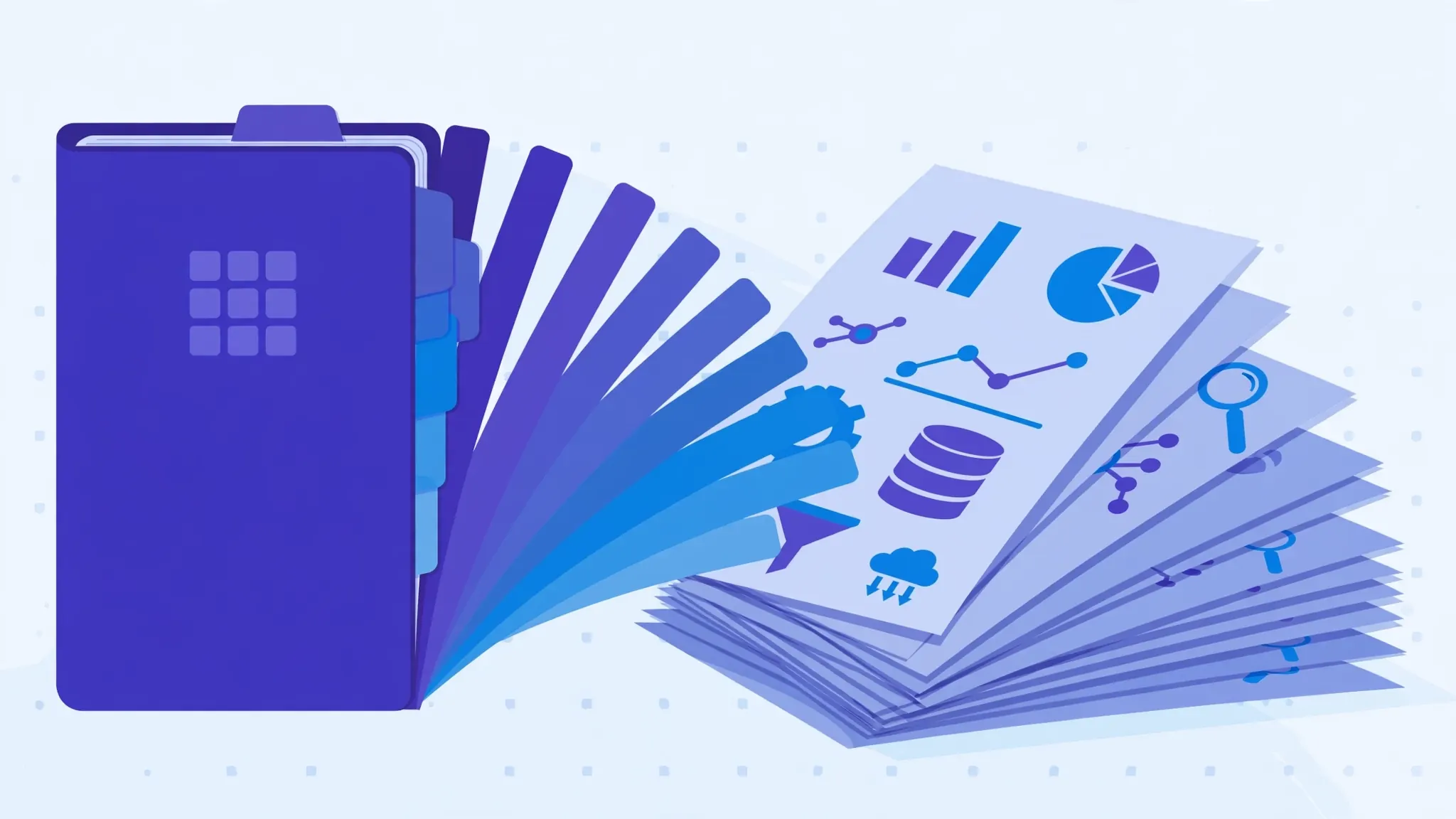 Spreadsheet workbook with multiple worksheet tabs fanning out into a neat stack of printed document pages