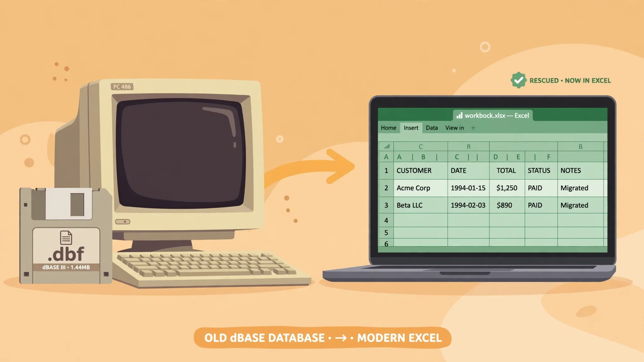 Flat vector illustration of a retro 1990s computer with a floppy disk beside a modern laptop showing an Excel spreadsheet