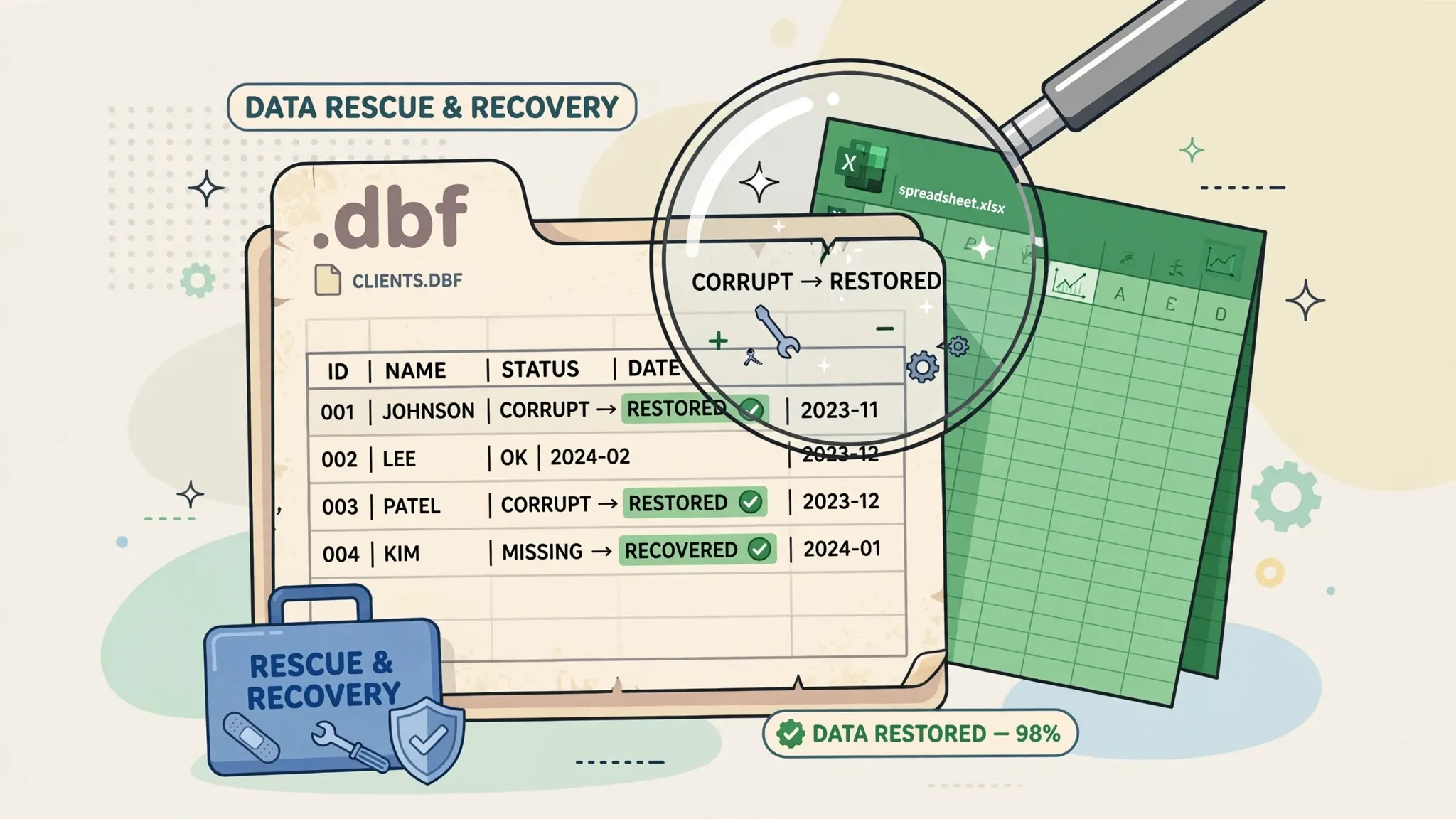 Flat vector illustration of a magnifying glass inspecting rows of data inside a vintage database file with a spreadsheet behind