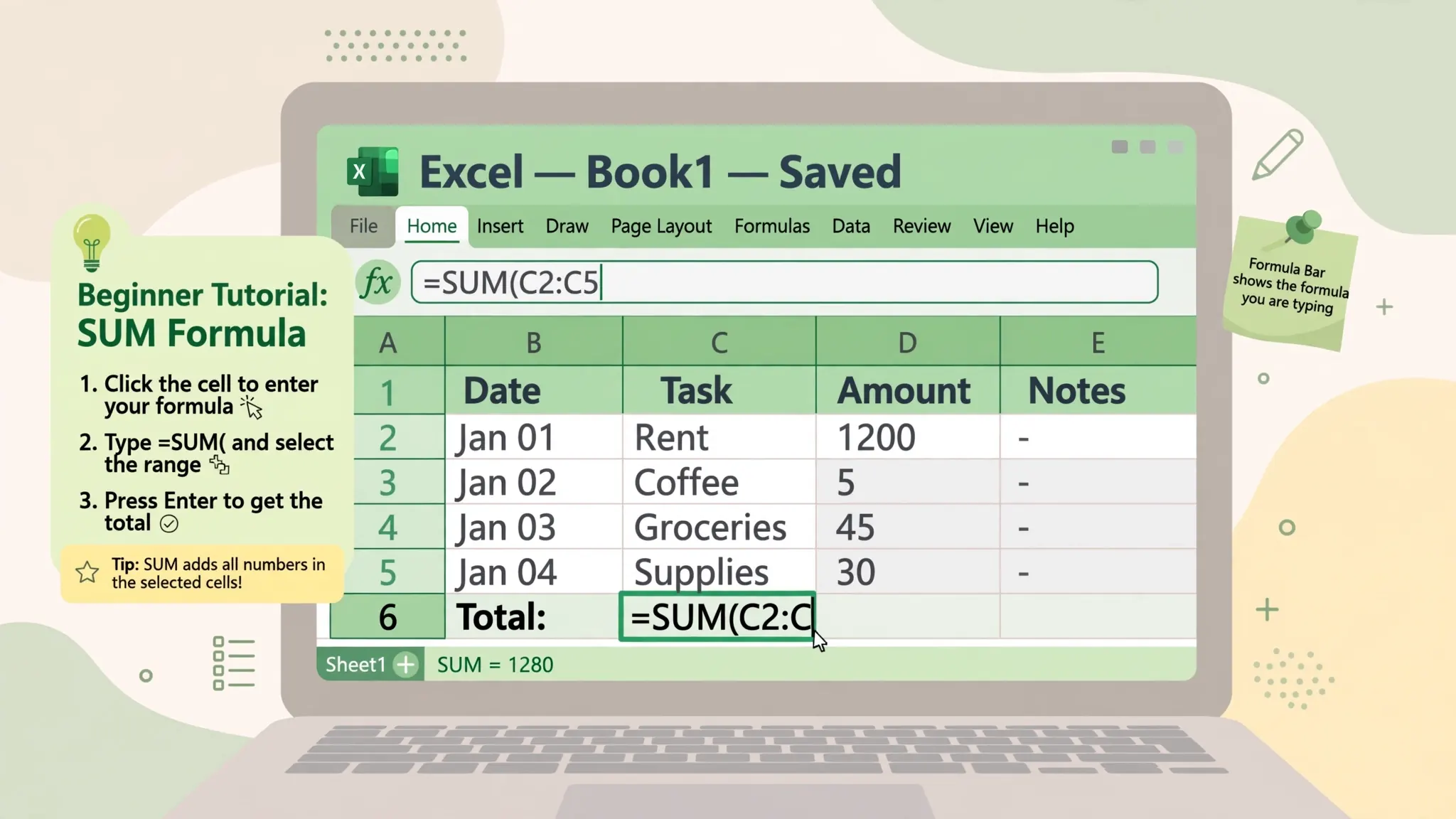 Flat vector illustration of a close-up MacBook screen showing an Excel spreadsheet with data being typed into cells