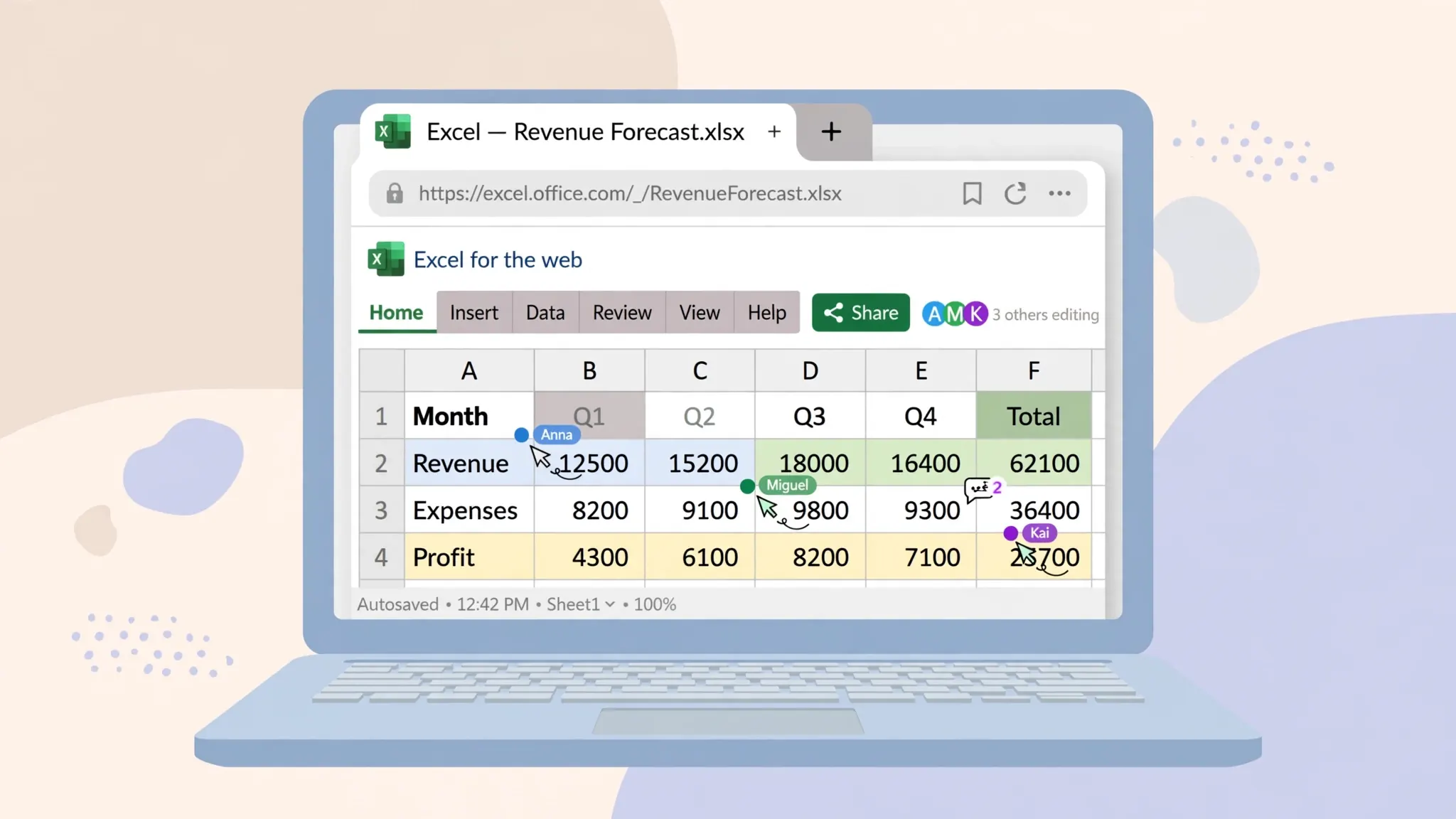 Flat vector illustration of a laptop with Excel for the web open showing a spreadsheet and collaboration cursors
