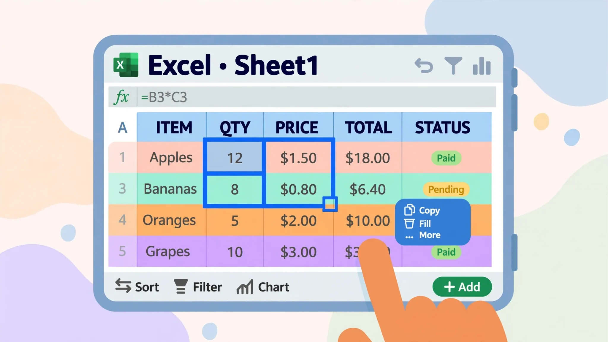 Flat vector illustration of a close-up tablet screen with a colorful Excel spreadsheet being edited by touch