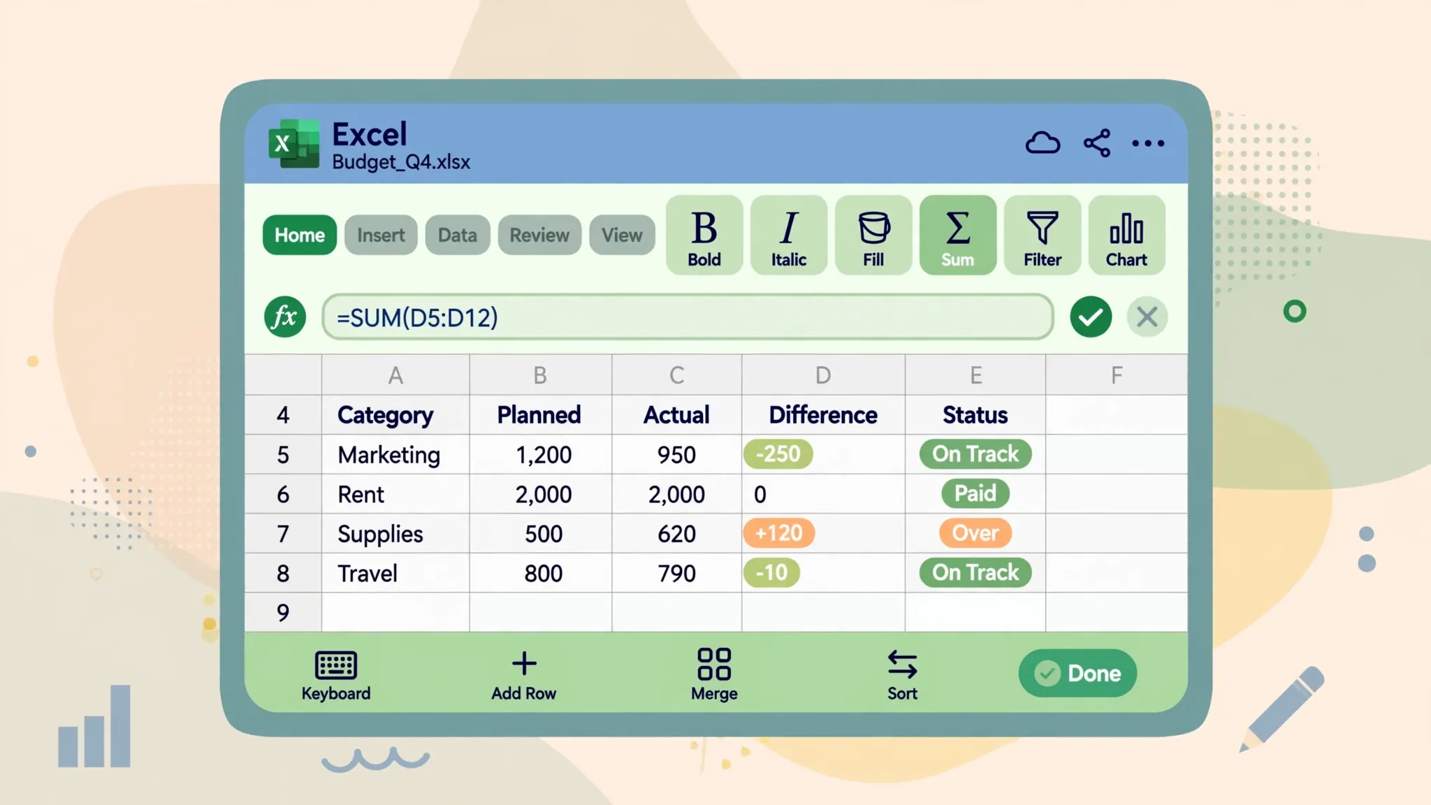Flat vector illustration of a tablet in landscape showing Excel with a touch-friendly ribbon toolbar and formula bar