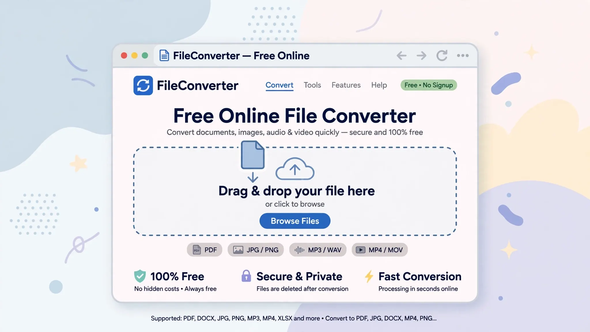 Flat vector illustration of a web browser showing an online converter page with a drag-and-drop upload zone