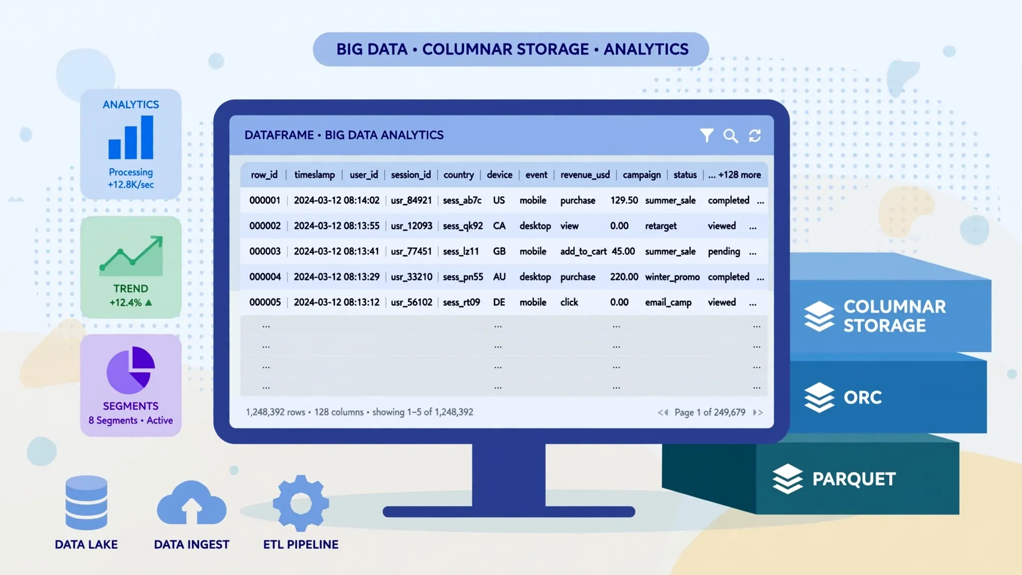 Flat vector illustration of a large monitor displaying a big-data table with many rows above columnar storage blocks