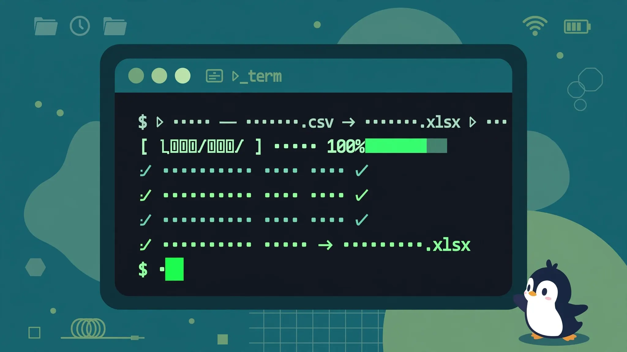 Terminal window with command-line CSV conversion tools for batch processing large files
