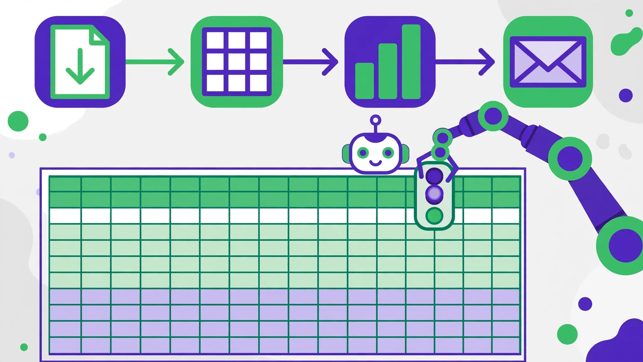 Automation flowchart showing a robot streamlining repetitive Excel tasks from import to report